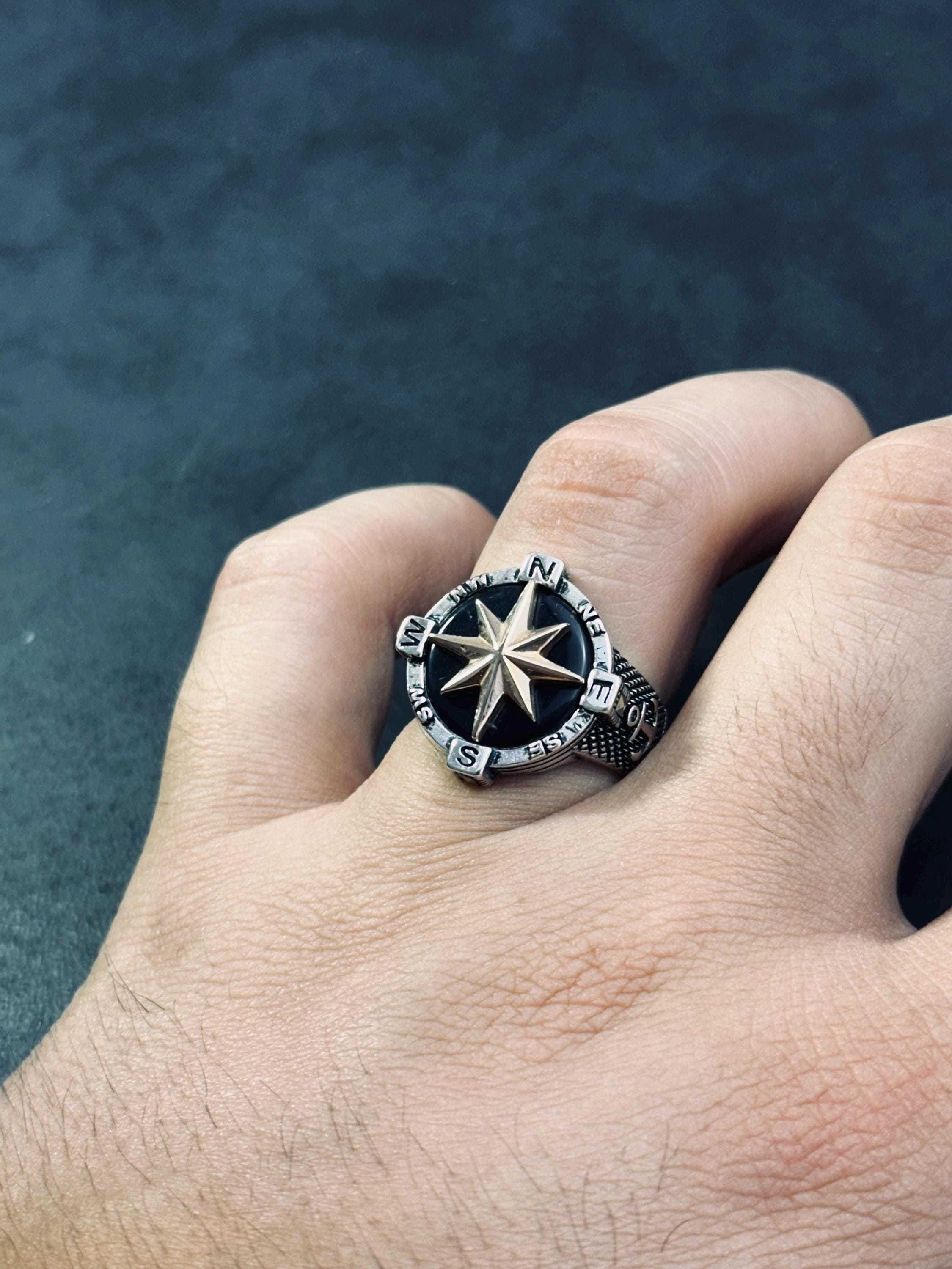 Unisex Sterling Silver Compass Ring, North Star (Handmade)