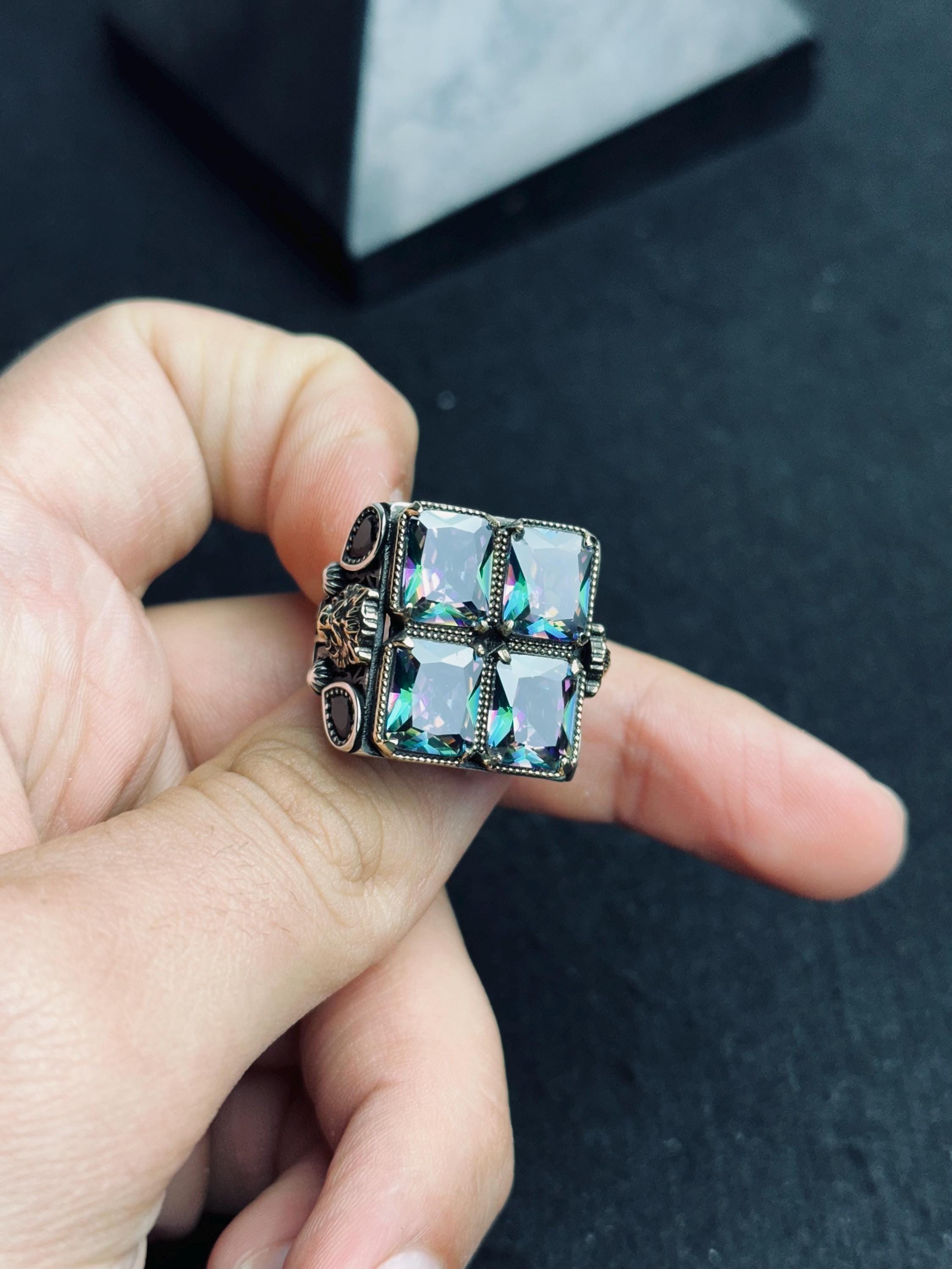 Men’s Lion Ring, Sterling Silver, Mystic Topaz Stones (Bold Statement)