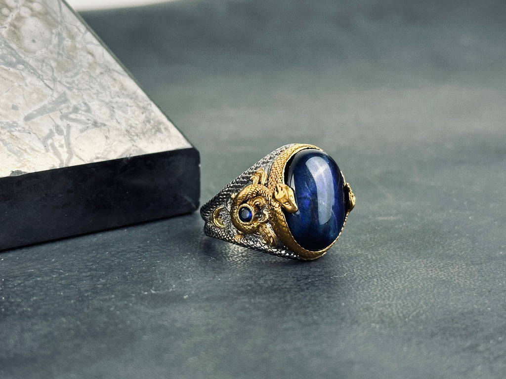 Sapphire Dragon Ring - Sterling Silver Engraved Statement Piece