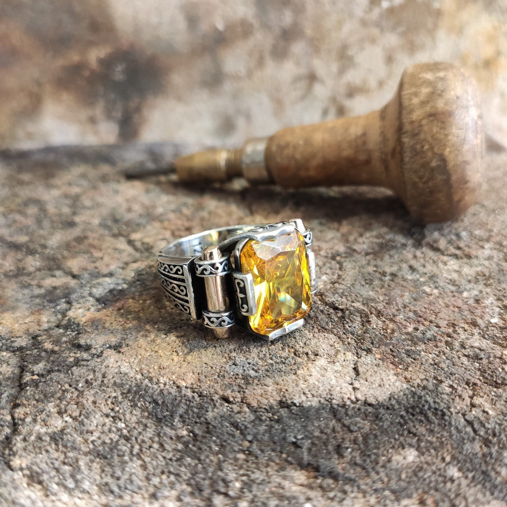 Citrine Zircon Sterling Silver Ring: Handmade Turkish Men's Jewelry