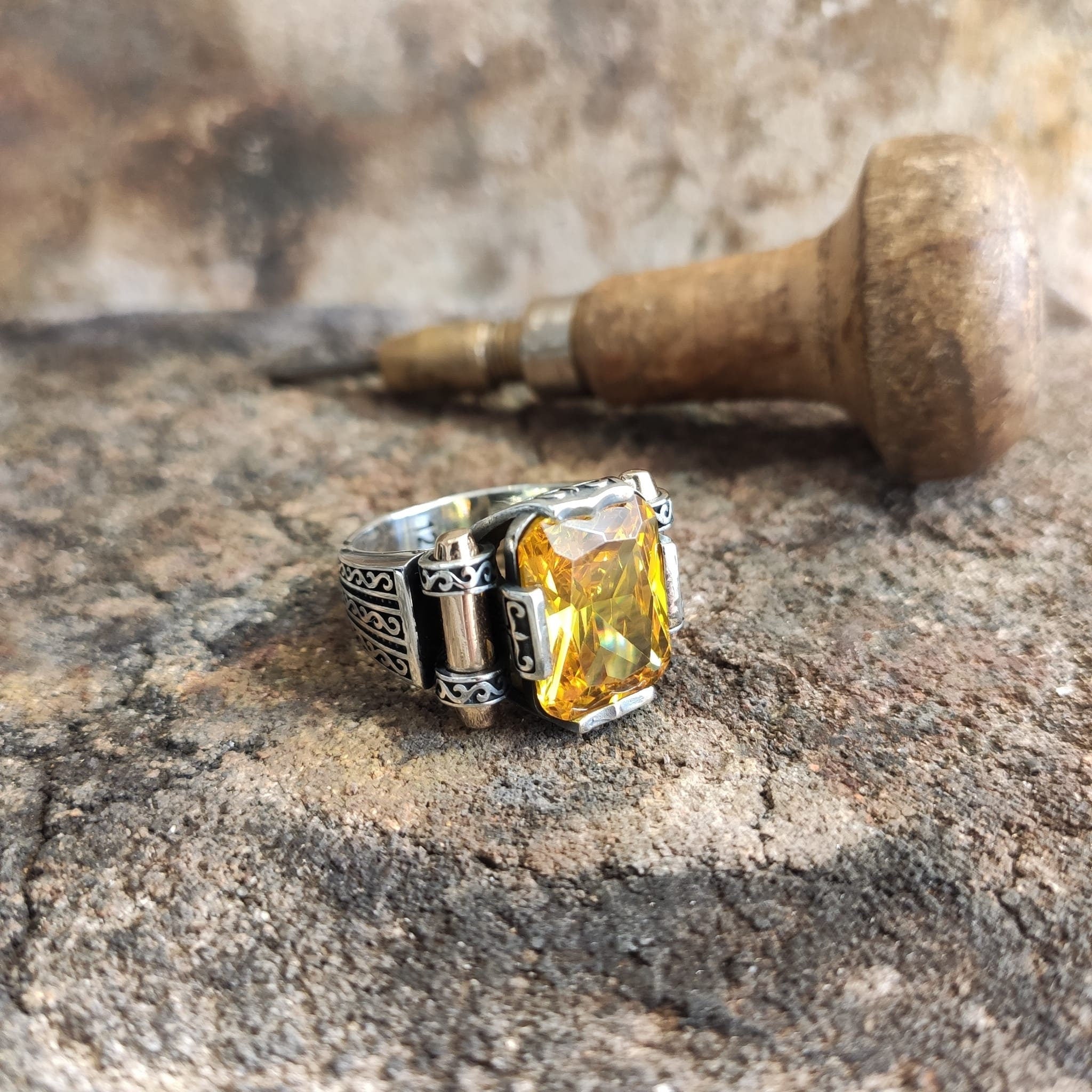Citrine Zircon Sterling Silver Ring: Handmade Turkish Men's Jewelry