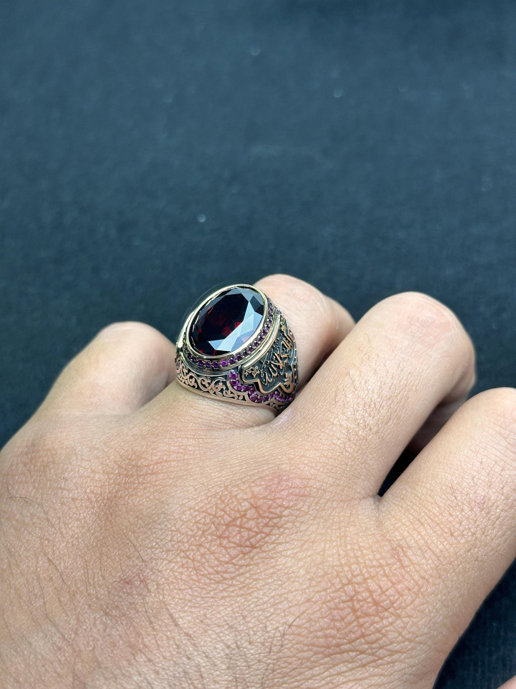 Vintage Sterling Silver Signet Ring, Red Zircon, Arabic Calligraphy (Men's)