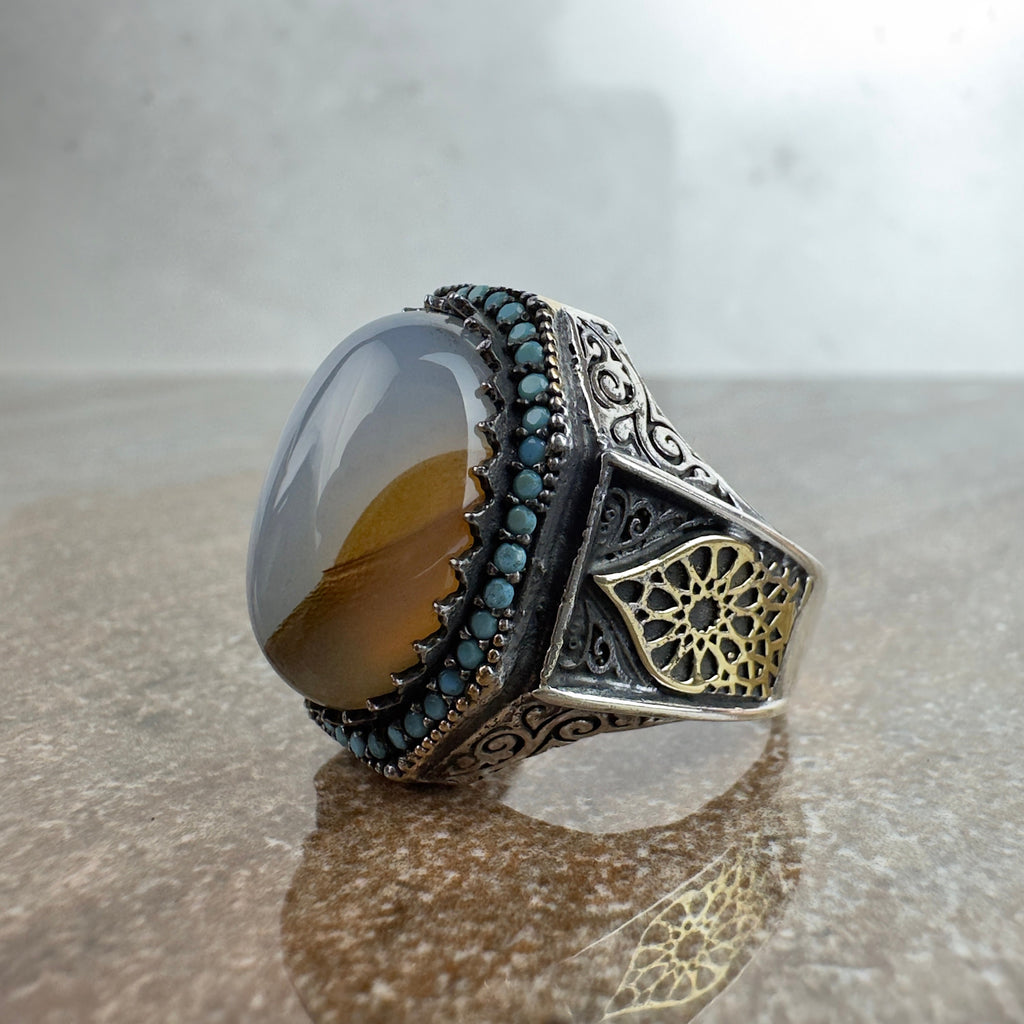 Yemenni Aqeeq Silver Ring - Handmade Men's Gemstone Jewelry