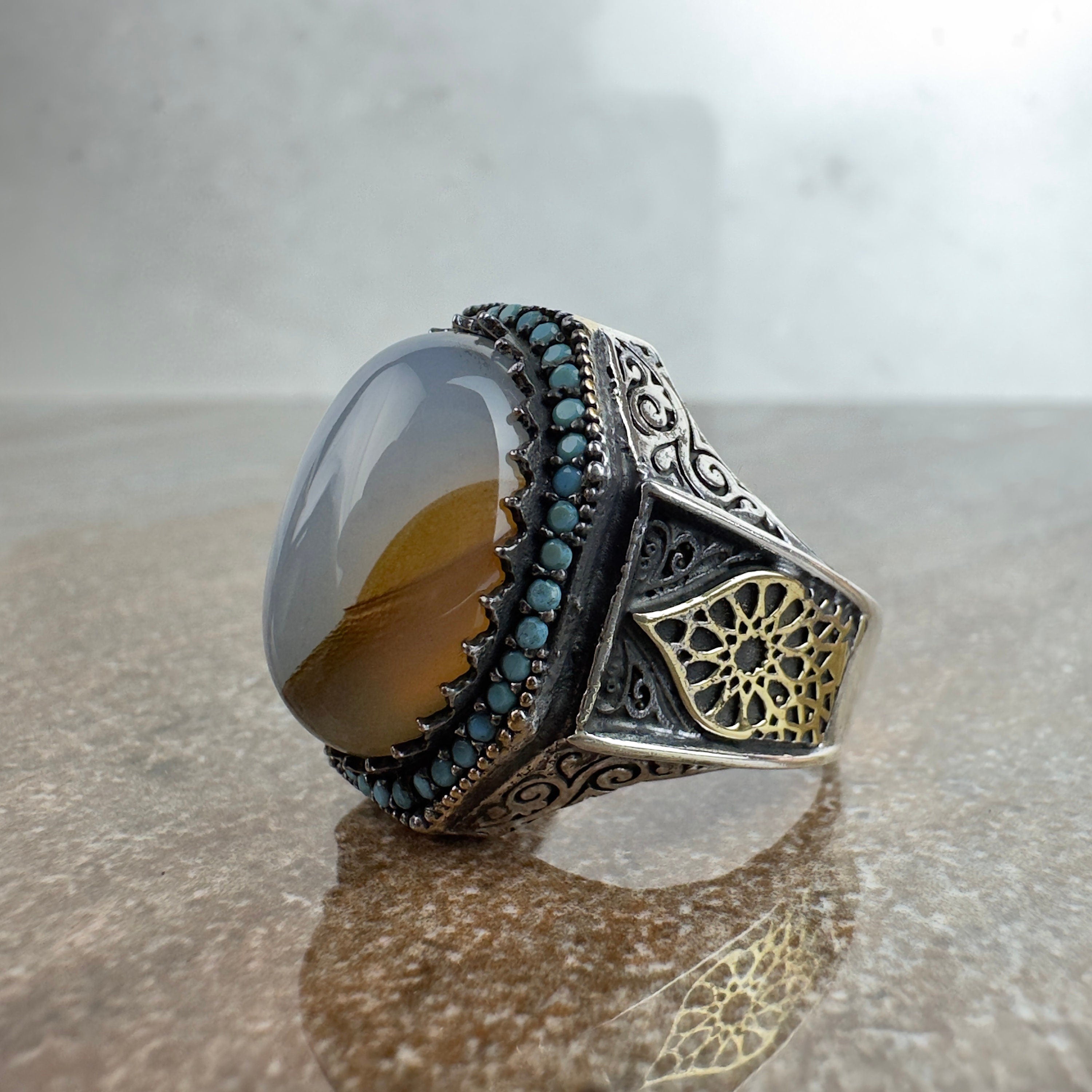 Yemenni Aqeeq Silver Ring - Handmade Men's Gemstone Jewelry