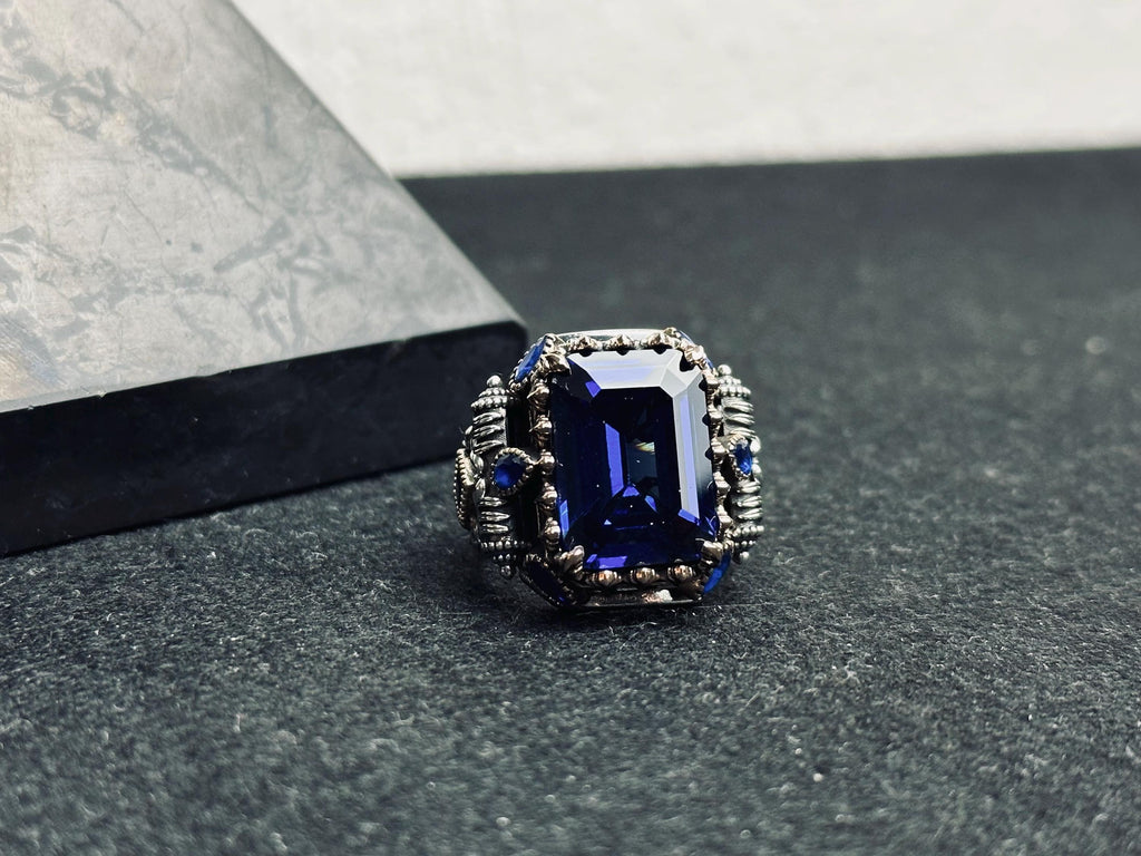 Blue Sapphire Statement Ring: Turkish Handmade Silver (Square Cut)
