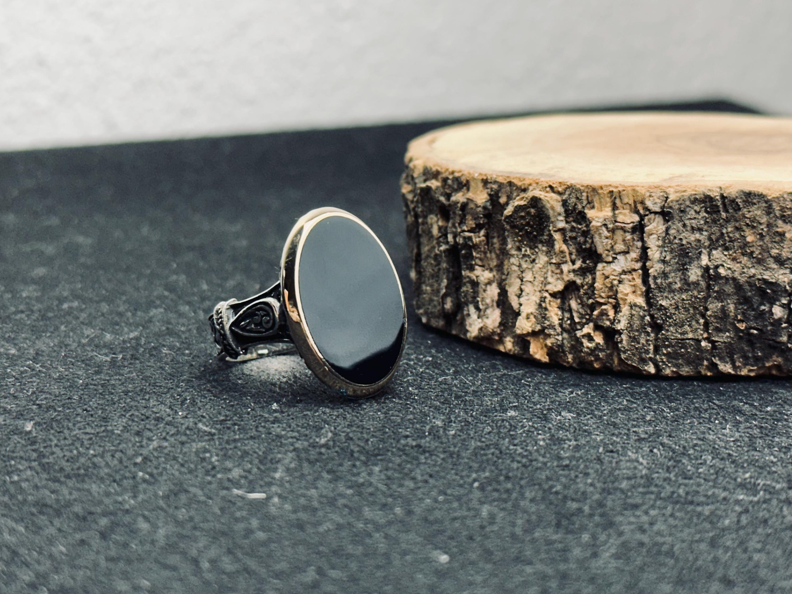 Oval Black Onyx Ring - Handmade Sterling Silver, Unisex Style