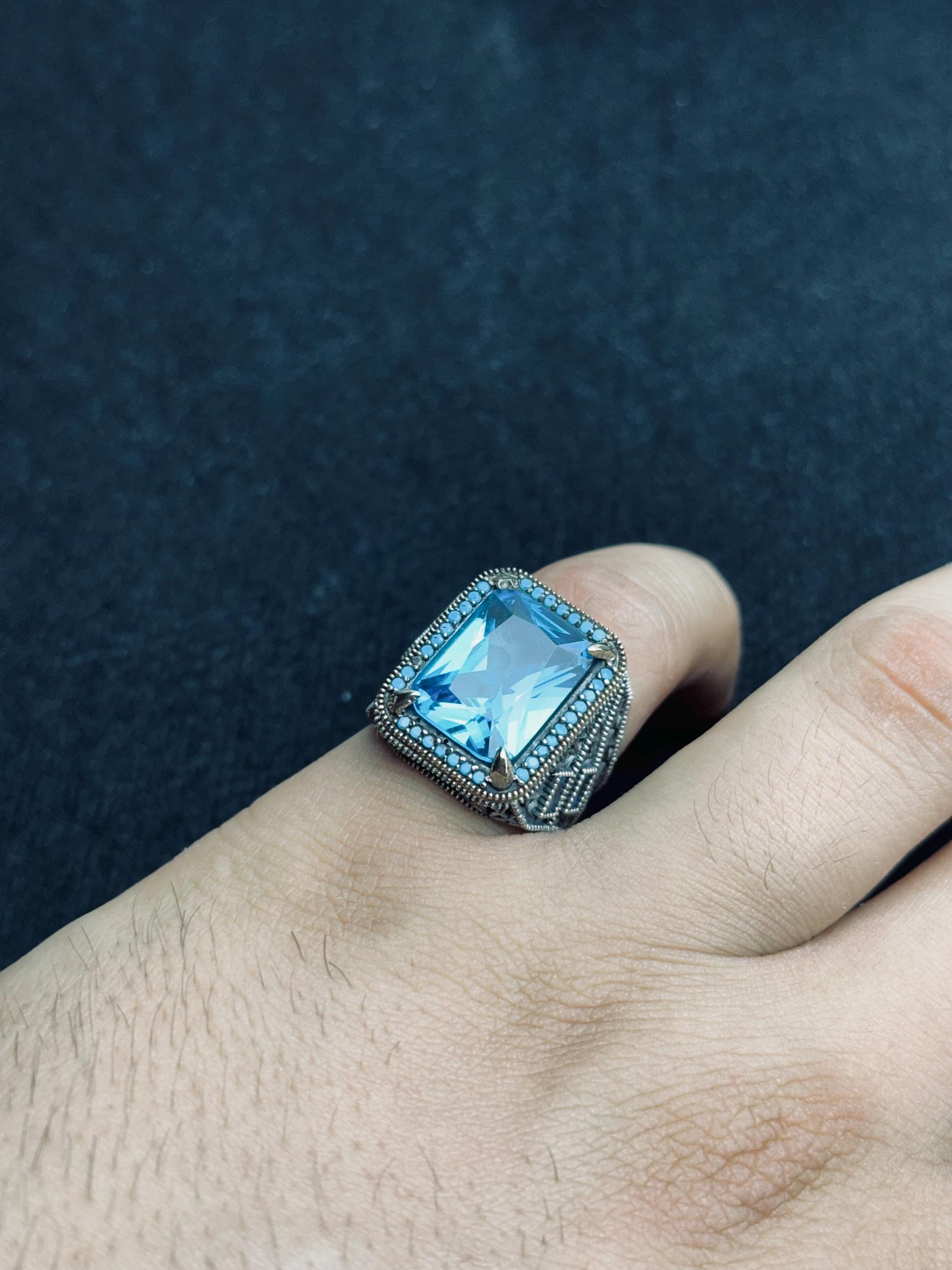 Men's Aquamarine Ring: Light Blue Gemstone - Sterling Silver