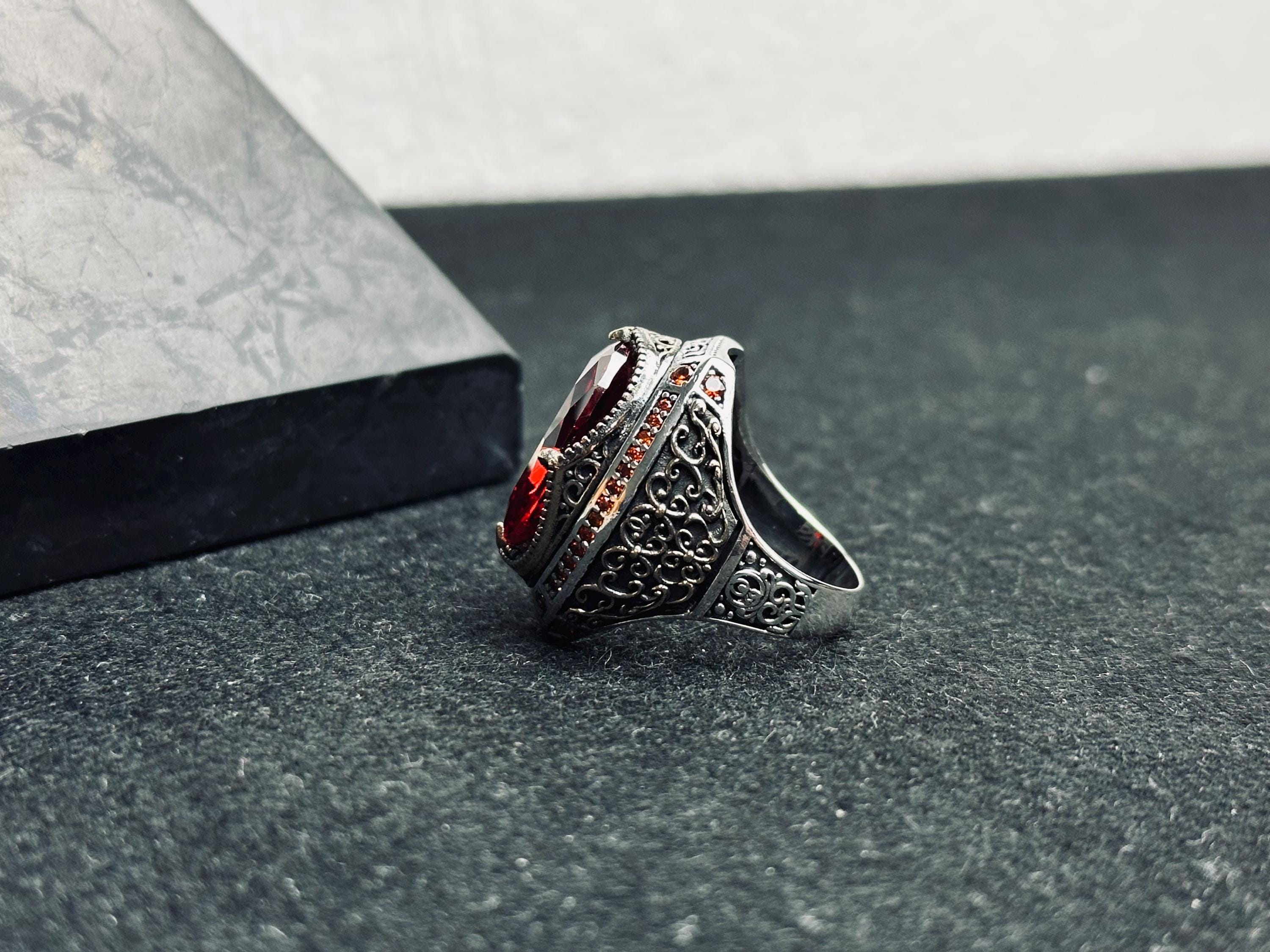 Oval Ruby Men's Ring: Handmade Sterling Silver, Turkish Ottoman Style