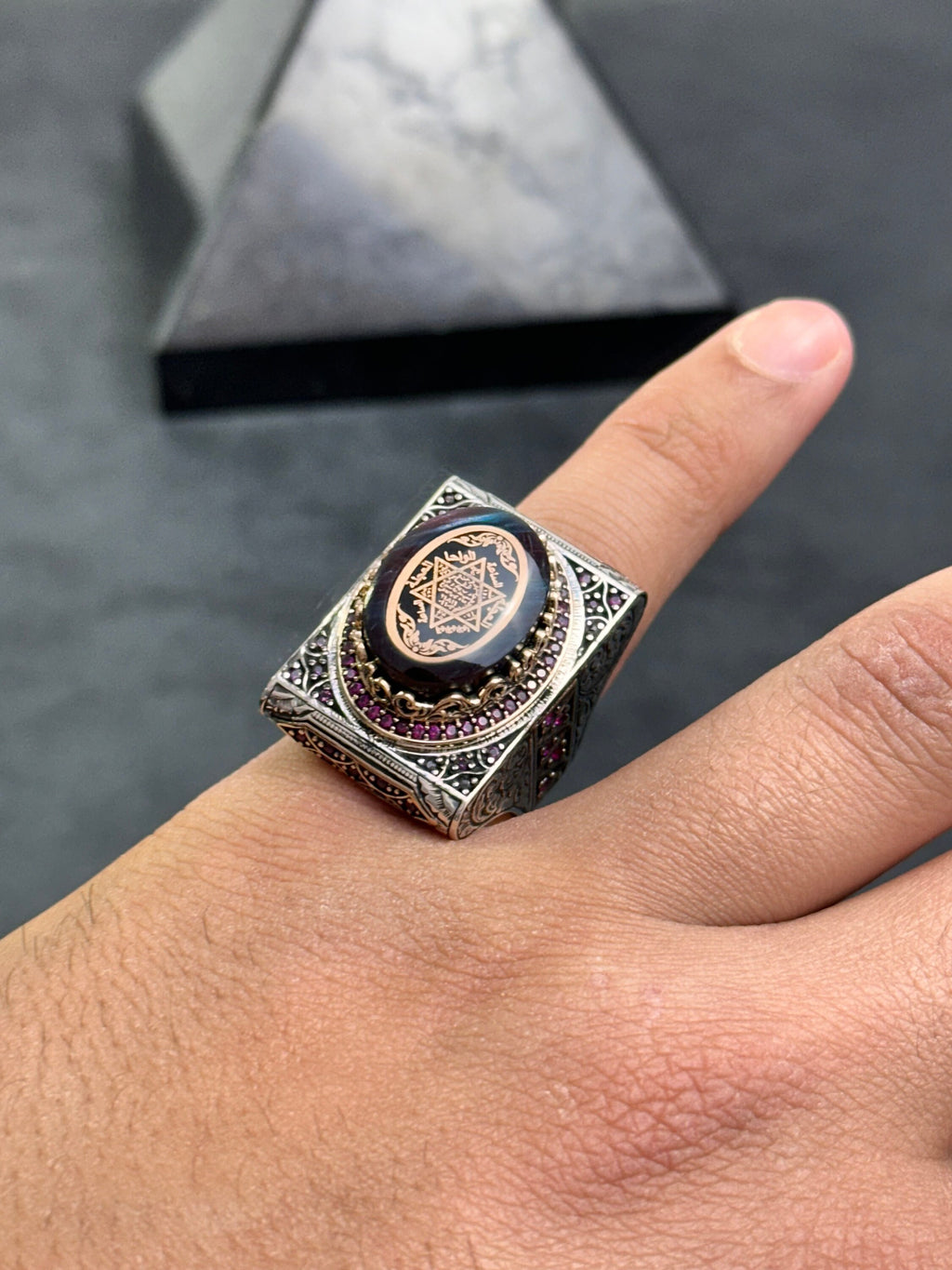 Solomon Seal Ring: Large Amber Stone - Sterling Silver Men’s Jewelry