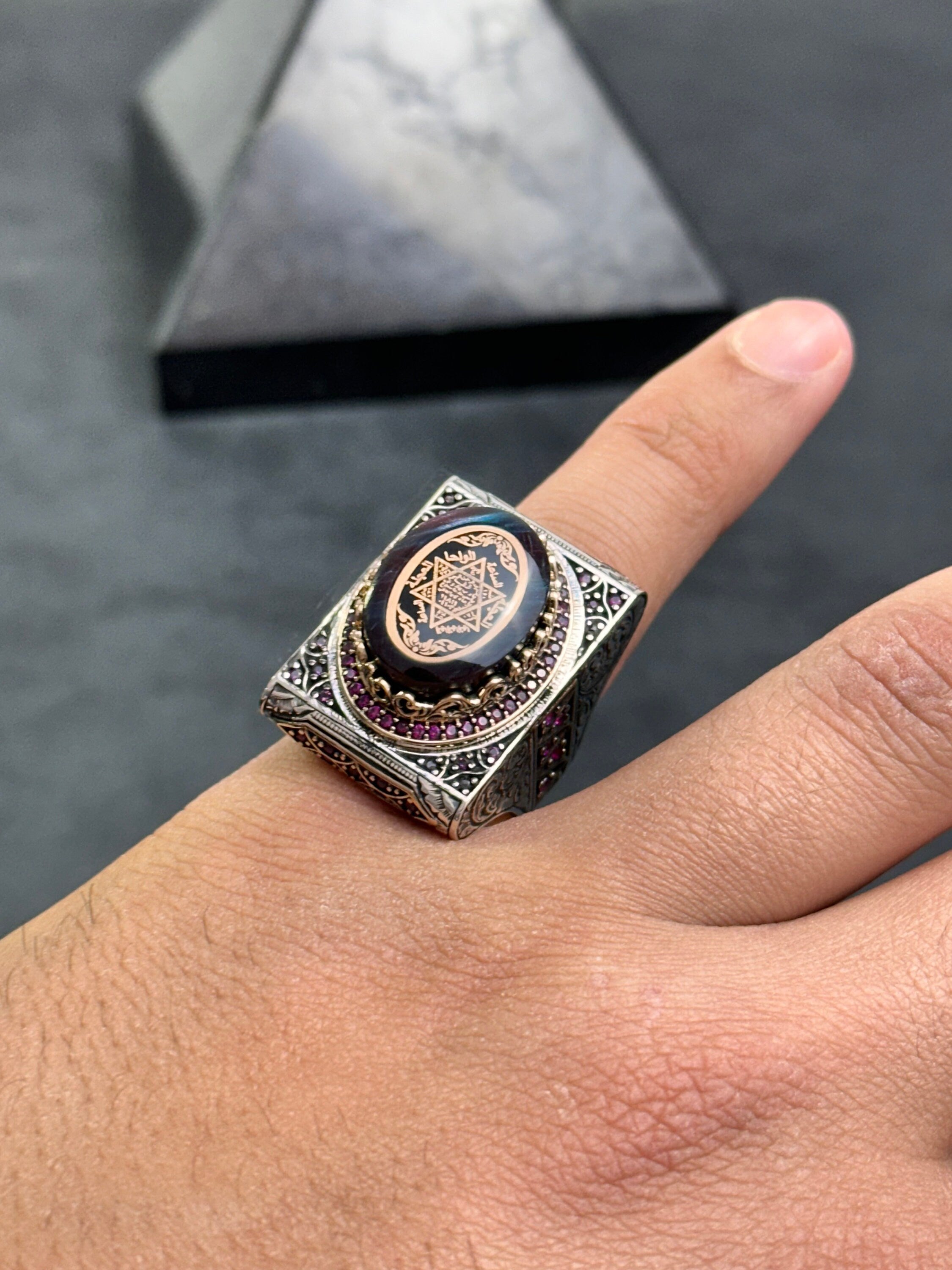 Solomon Seal Ring: Large Amber Stone - Sterling Silver Men’s Jewelry