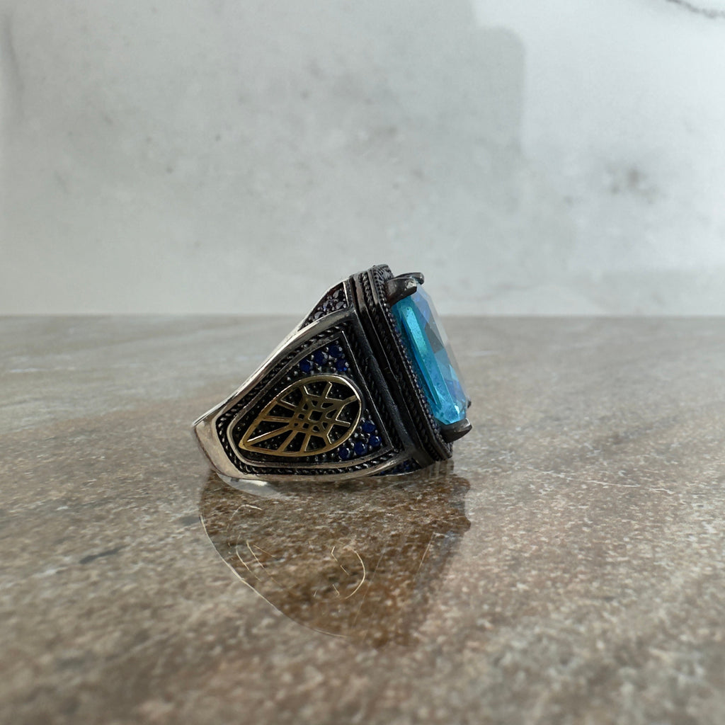 Men's Sterling Silver Ring: Blue Zirconia Stone - Handmade Jewelry