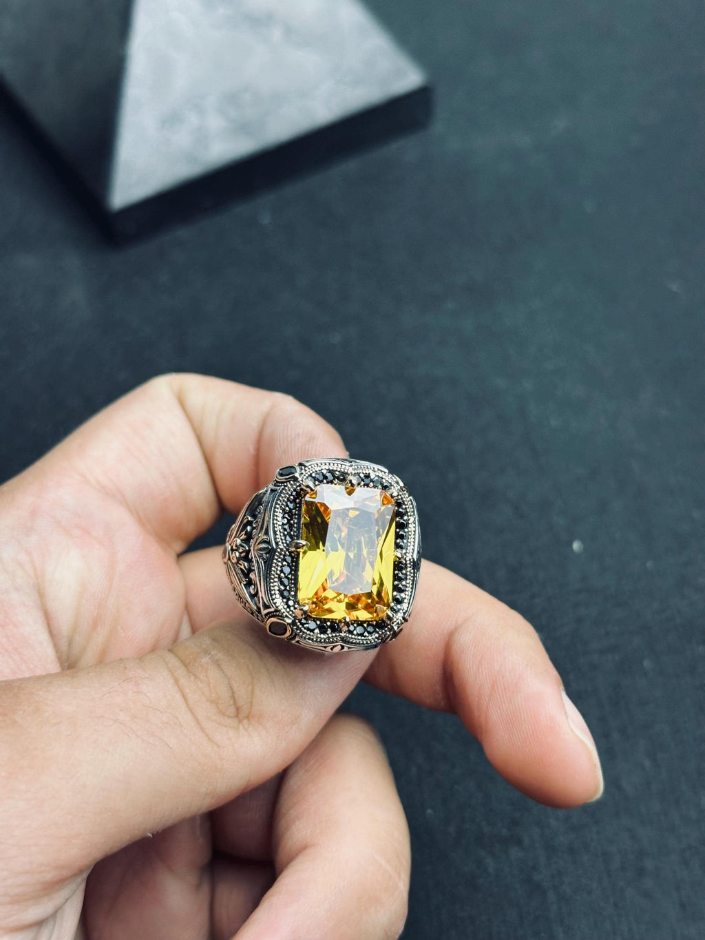 Men's Citrine Ring, Square Cut Stone, Sterling Silver (Handmade)