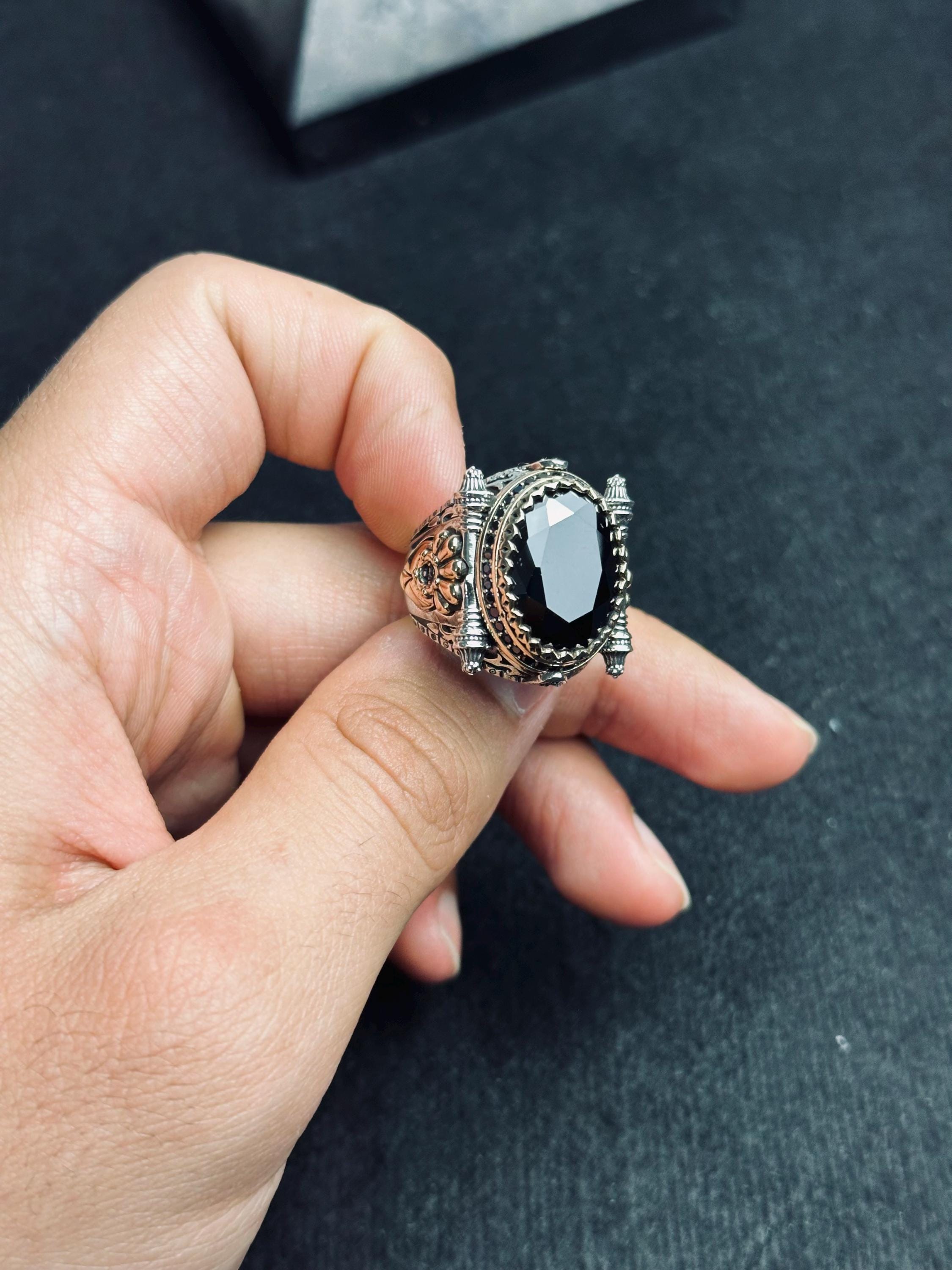 Men's Statement Silver Ring - Black Zircon, Ottoman Style