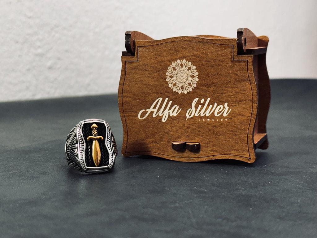 Sword Signet Ring: Handmade Silver with Gold Detail (Adjustable)
