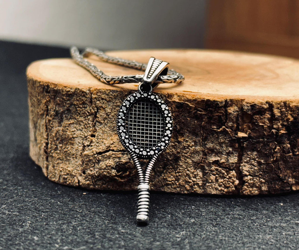Tennis Necklace Pendant: Silver with Black Stone (Unisex Jewelry)