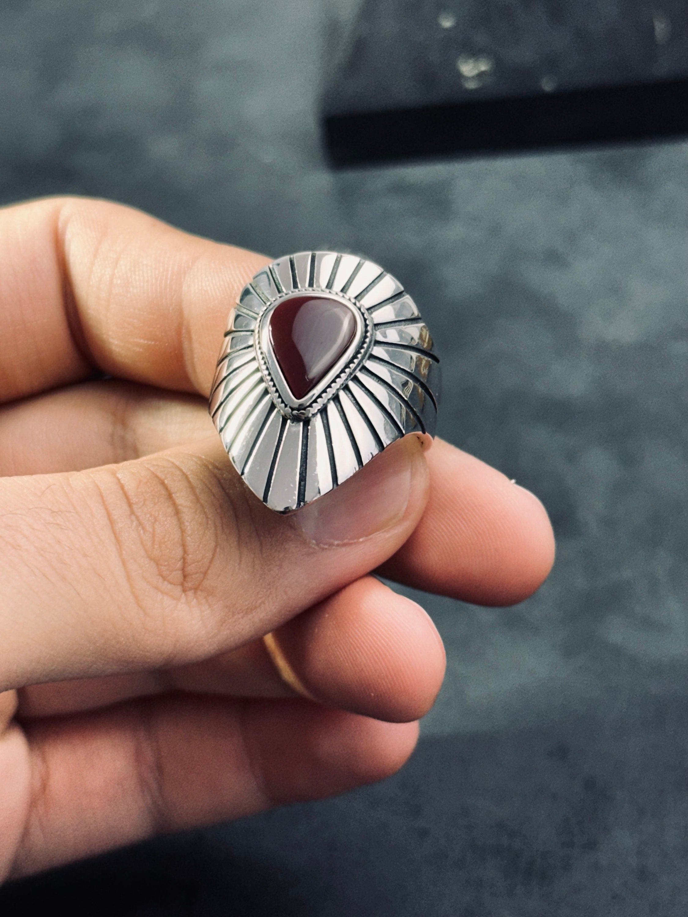 Sterling Silver Shield Ring - Red Agate Stone Detail