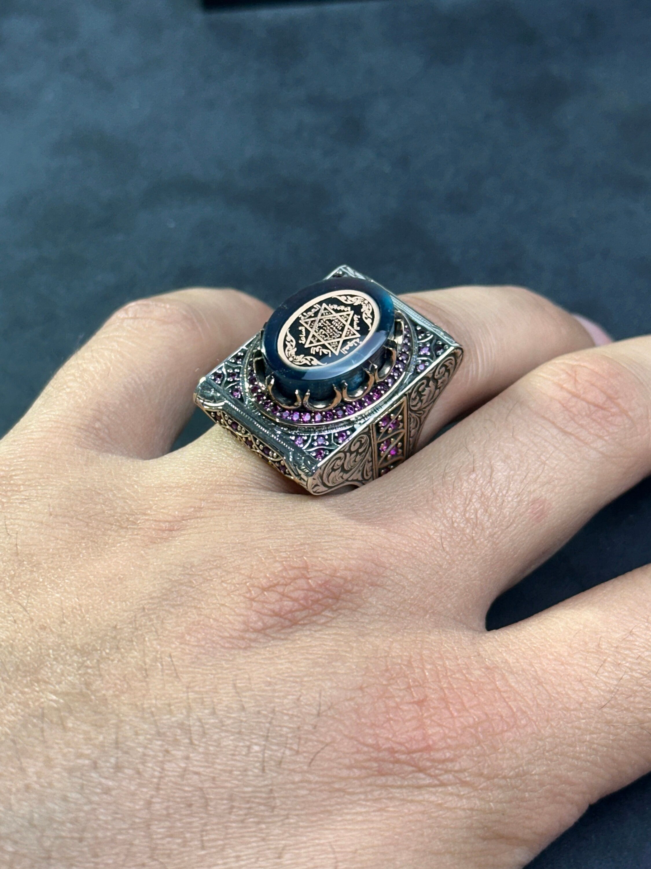 Solomon King Seal Ring: Sterling Silver, Amber Stone - Engraved Detail