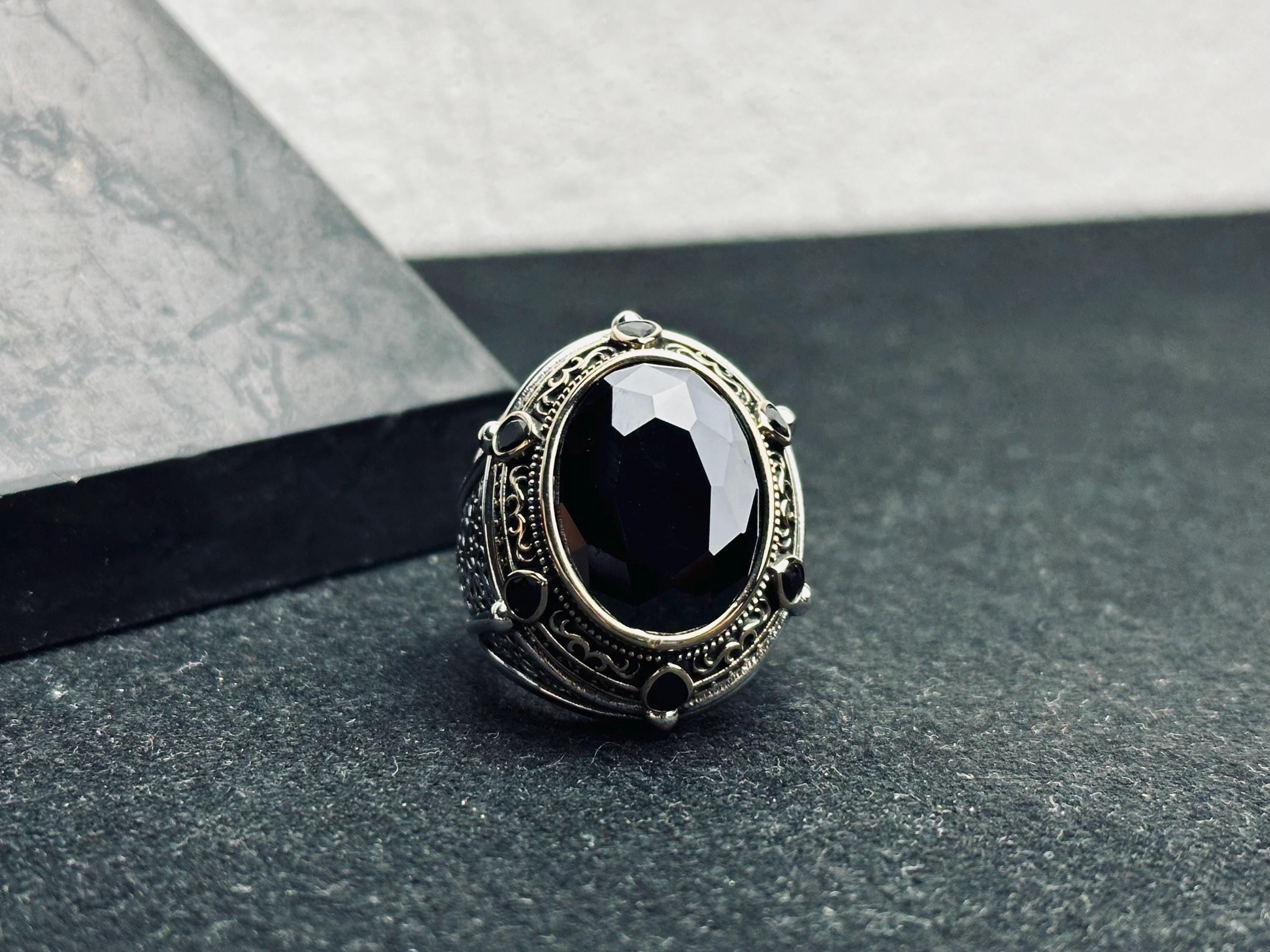 Turkish Sterling Silver Ring, Black CZ Stone, Bold Design (Men’s Size)