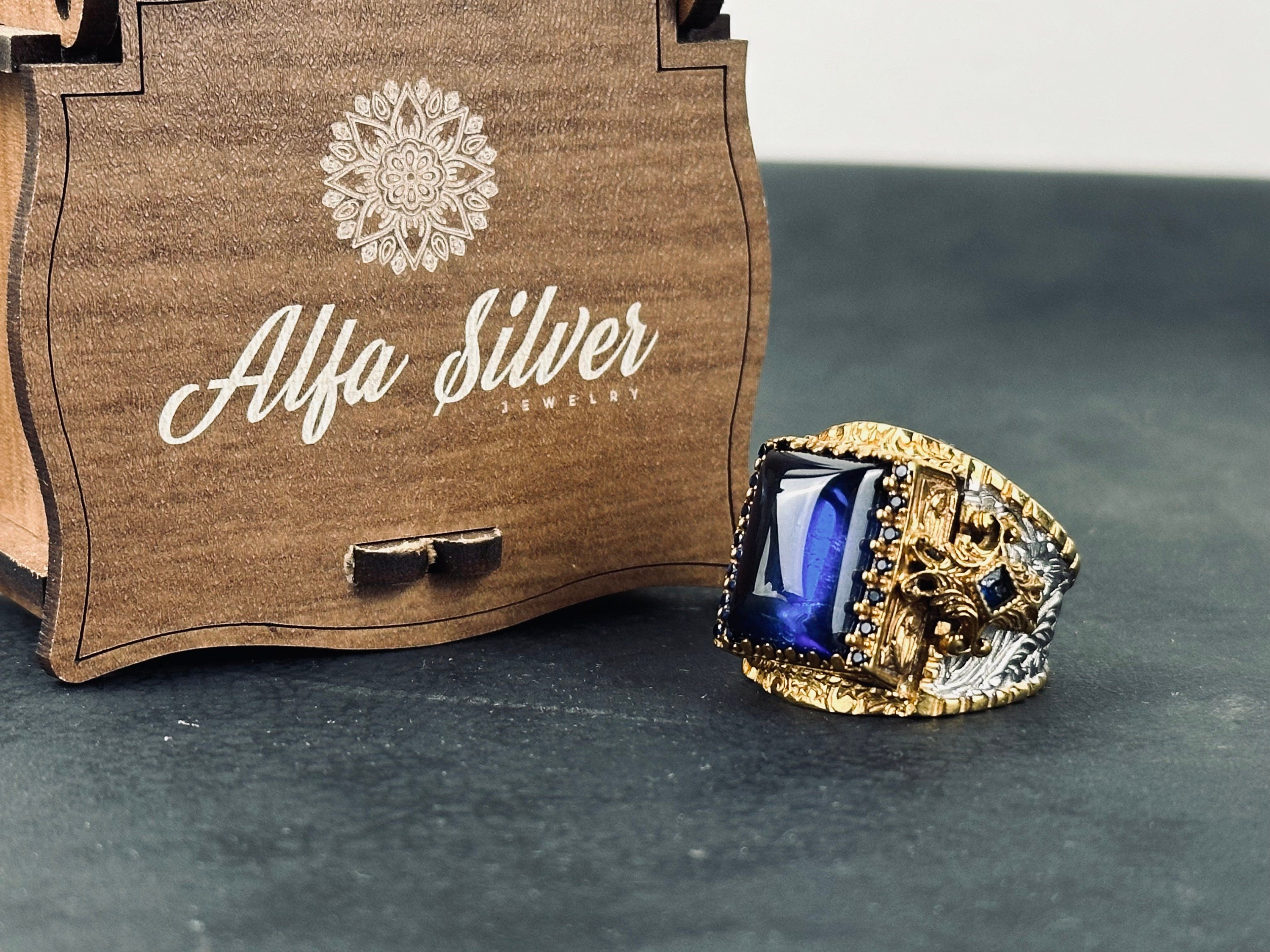 Handmade Silver Cross Ring, Blue Zirconium Square Stone (Men's Sizes)