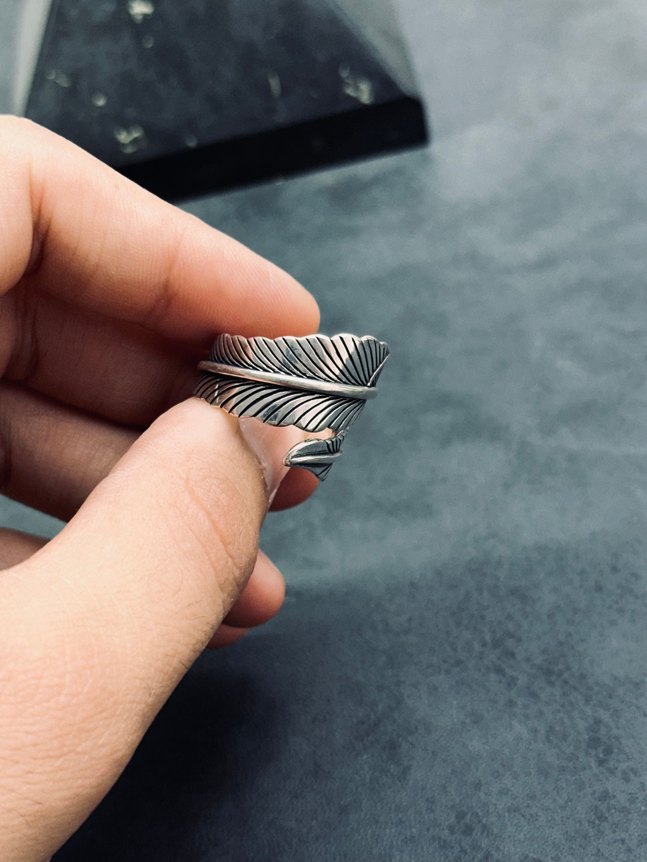 Feather Ring: Sterling Silver Adjustable Design (Engraved, Handmade)