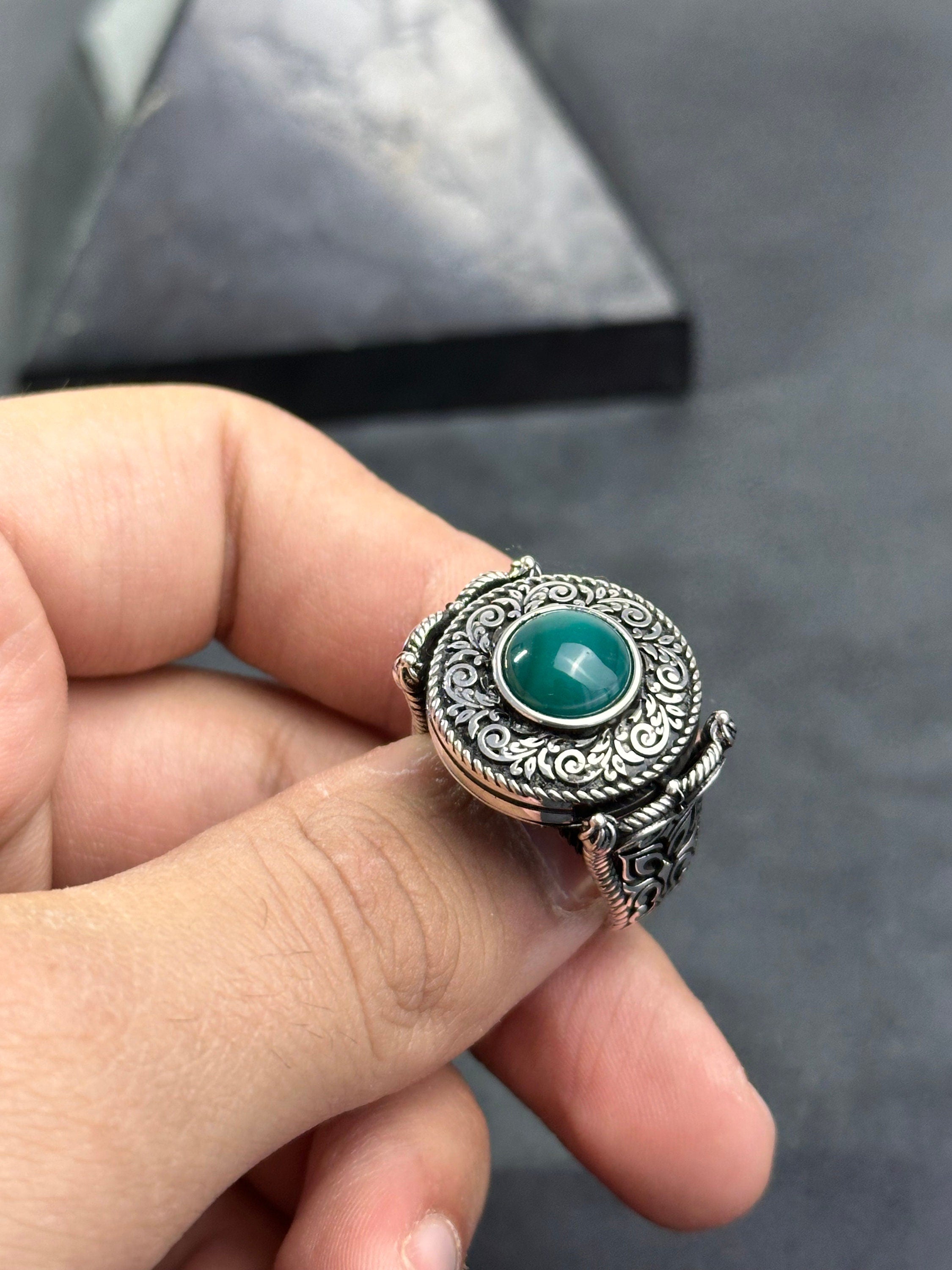 Men's Agate Ring: Cushion Green Stone - Handmade Sterling Silver