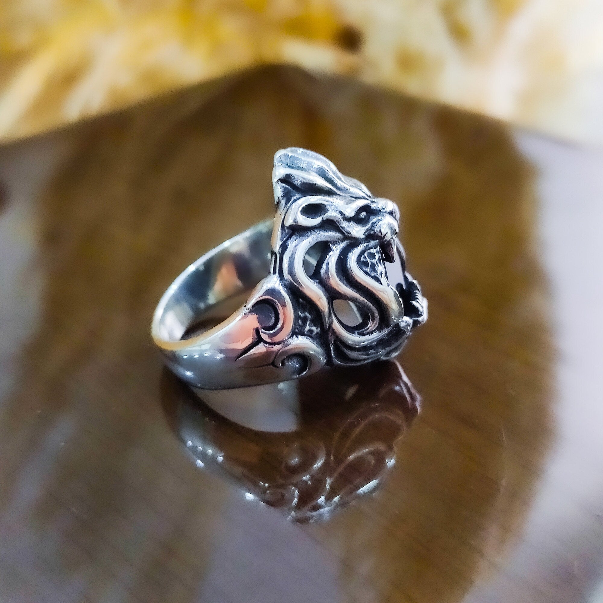 Black Zircon Lion Head Ring - Sterling Silver Men's Statement