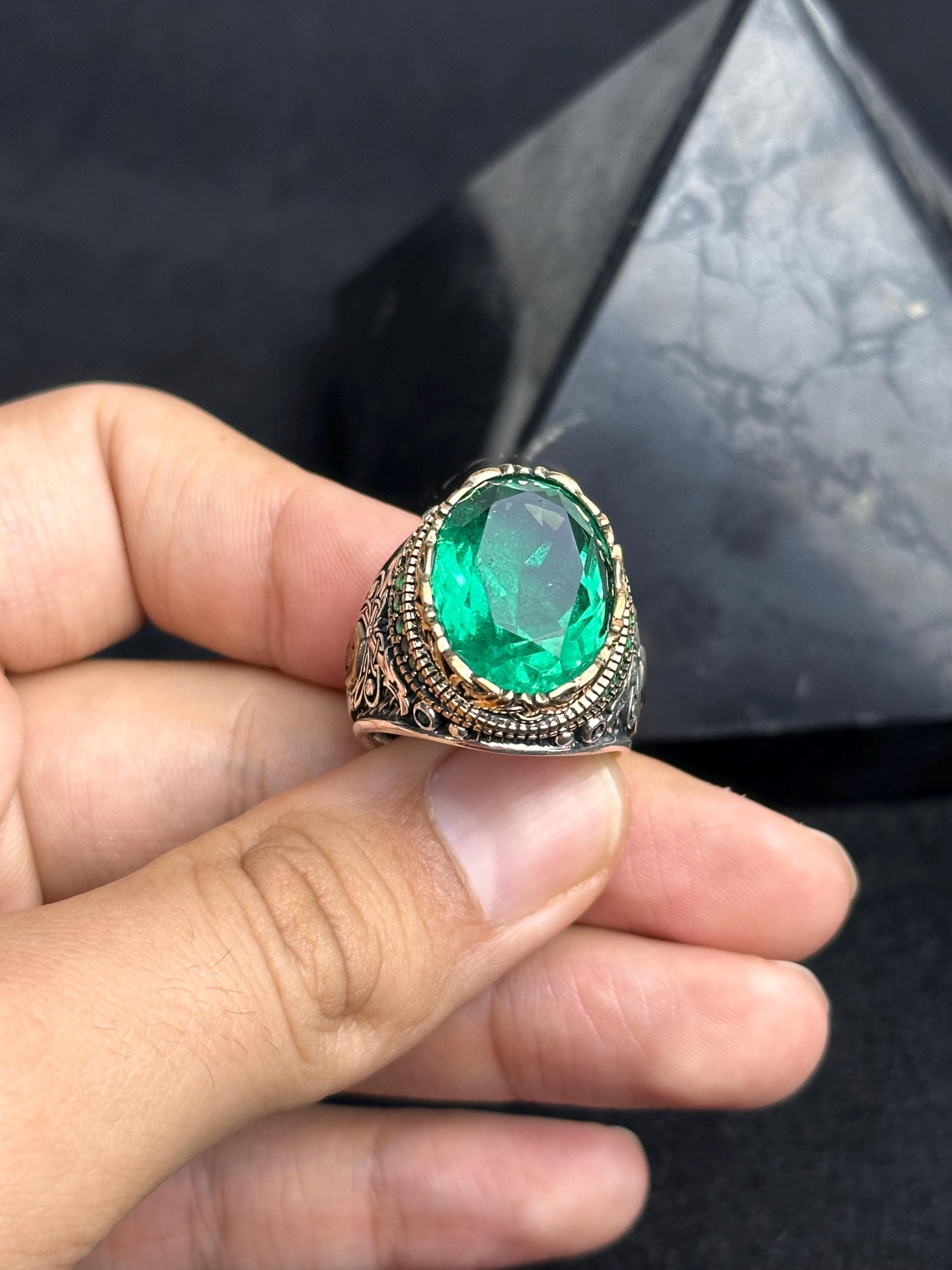 Oxidized Sterling Silver Ring - Green Cubic Zirconia Stone for Men
