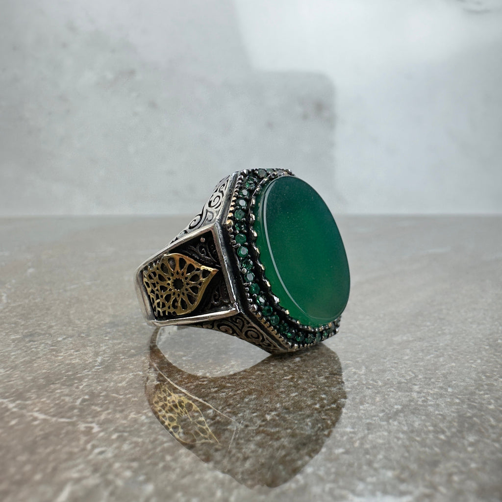 Sterling Silver Ring: Green Agate Stone - Handmade Ottoman Design