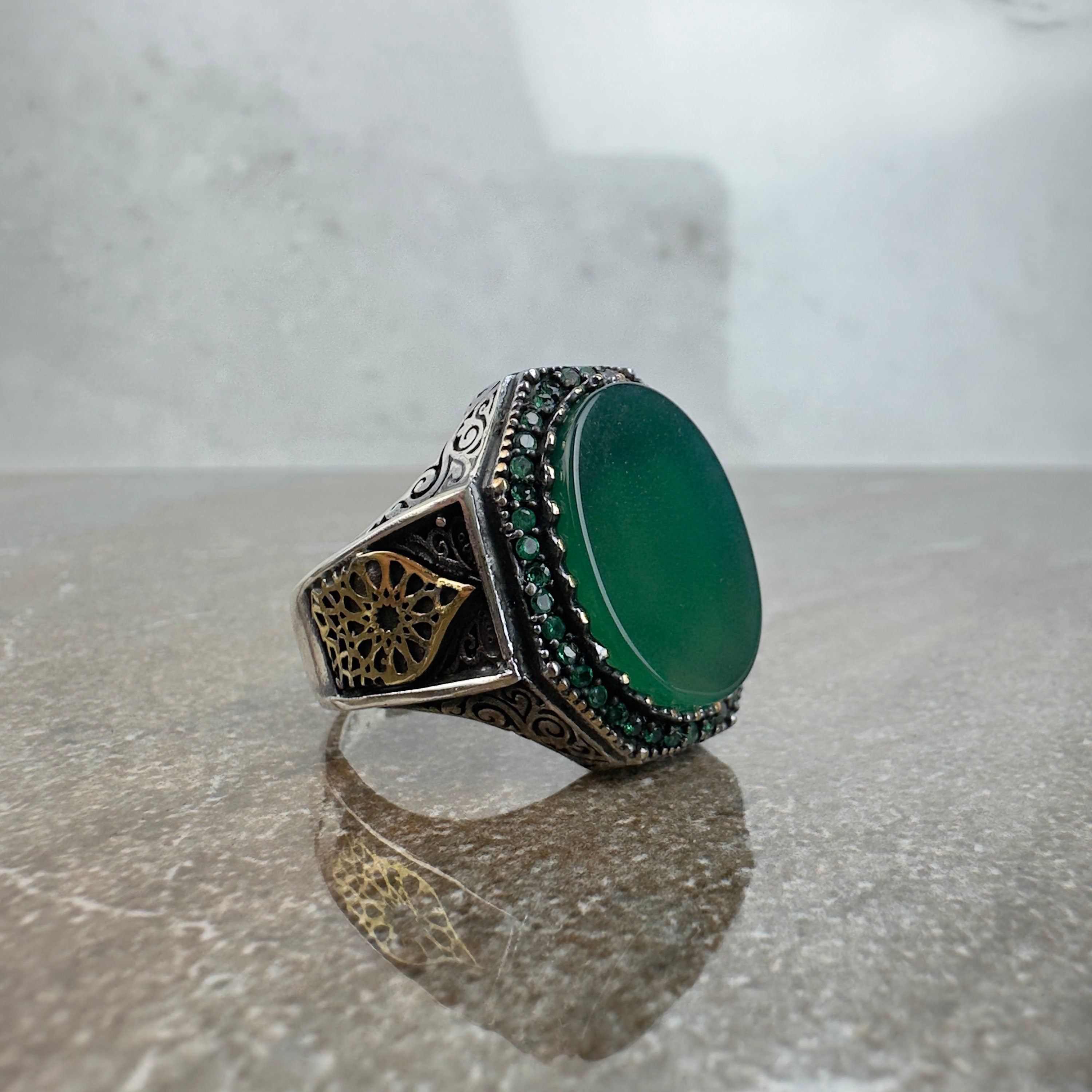 Sterling Silver Ring: Green Agate Stone - Handmade Ottoman Design