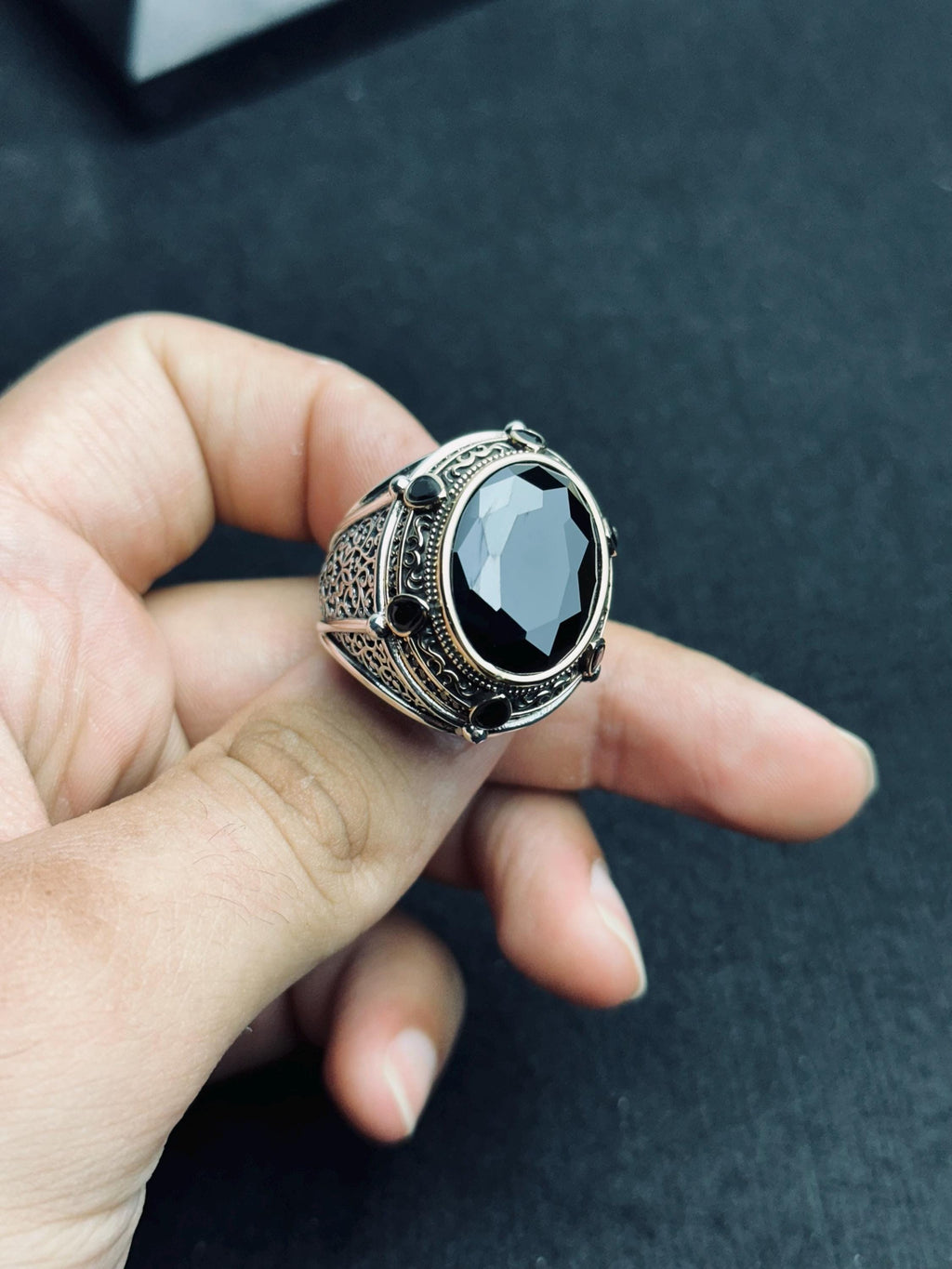 Turkish Sterling Silver Ring, Black CZ Stone, Bold Design (Men’s Size)