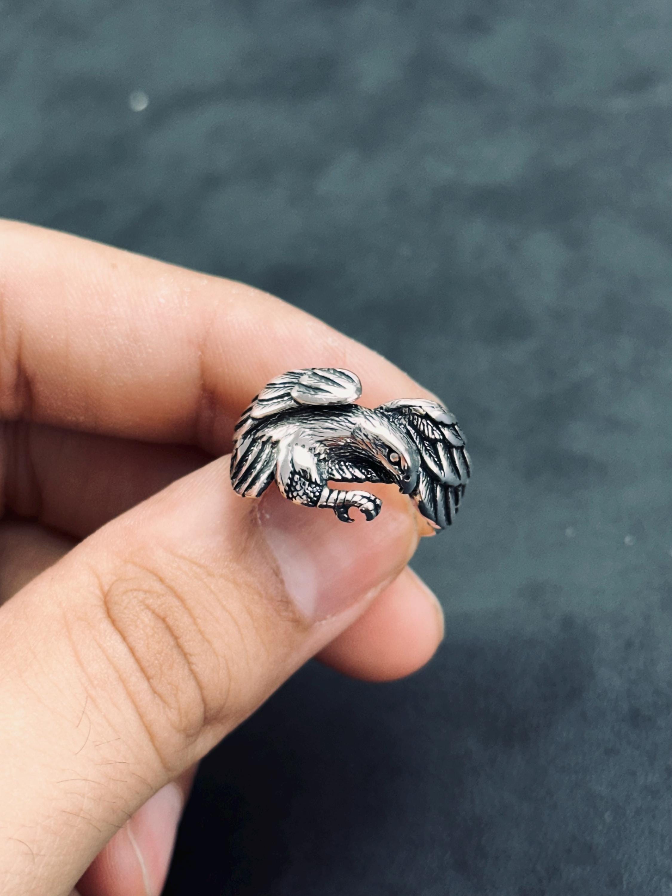 Boho Sterling Silver Eagle Ring, Adjustable Band (Unisex)