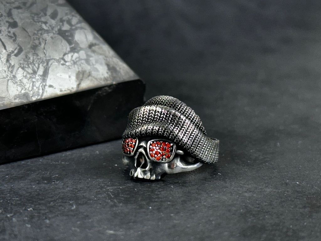 Skull Ring: Gothic Biker Style with Sunglasses (Sterling Silver)