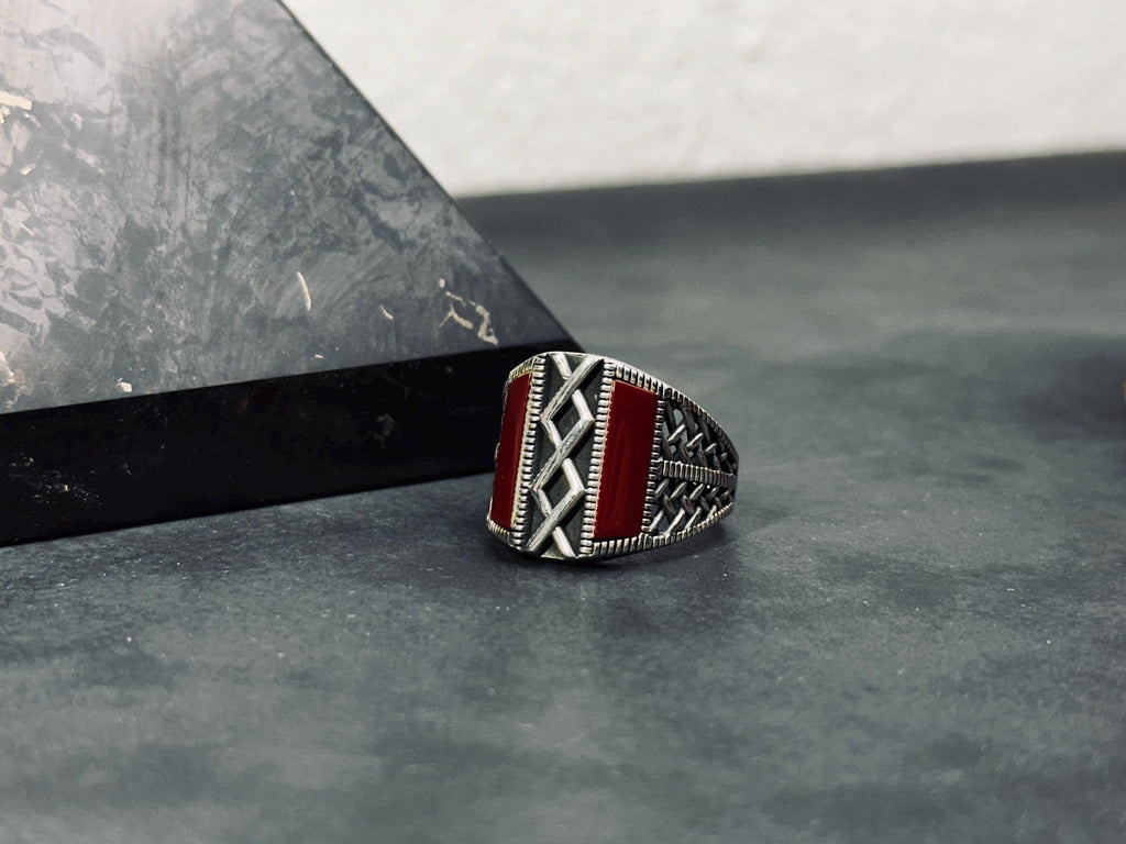 Red Aqeeq Agate Ring - Handmade Sterling Silver for Men