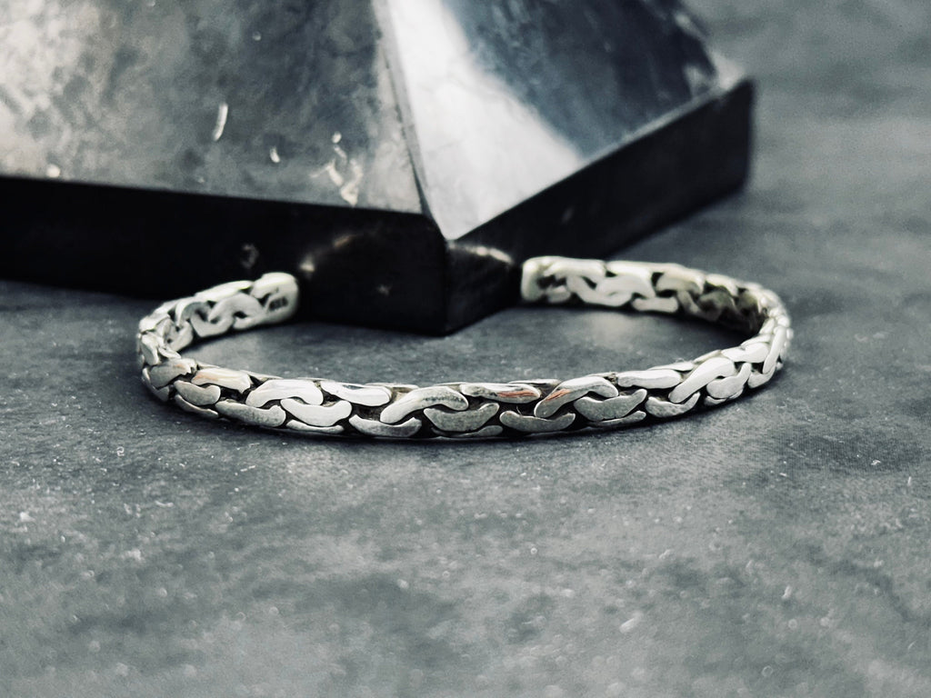 Sterling Silver Bangle: Knitted Design - Handmade Adjustable Cuff