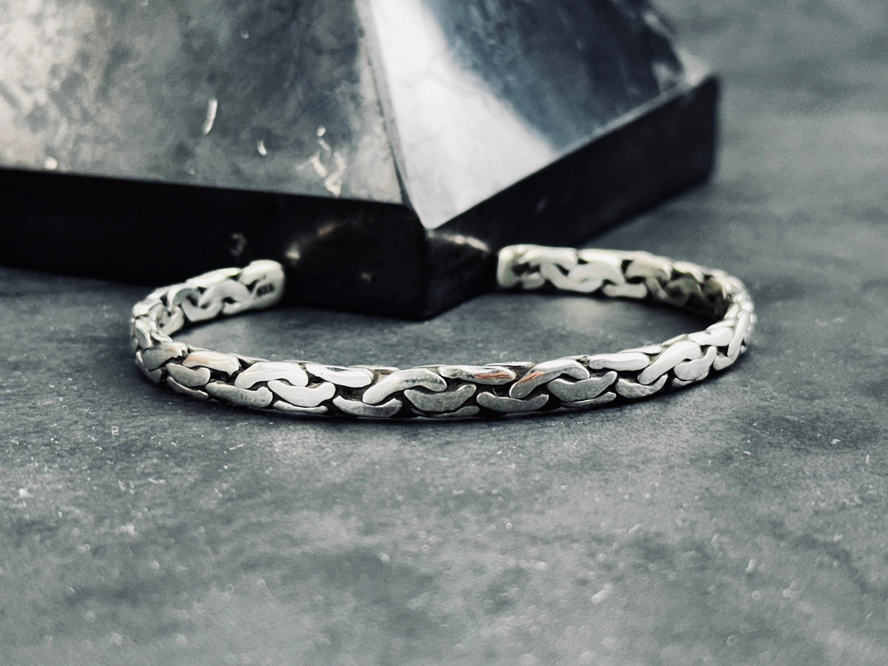 Sterling Silver Bangle: Knitted Design - Handmade Adjustable Cuff