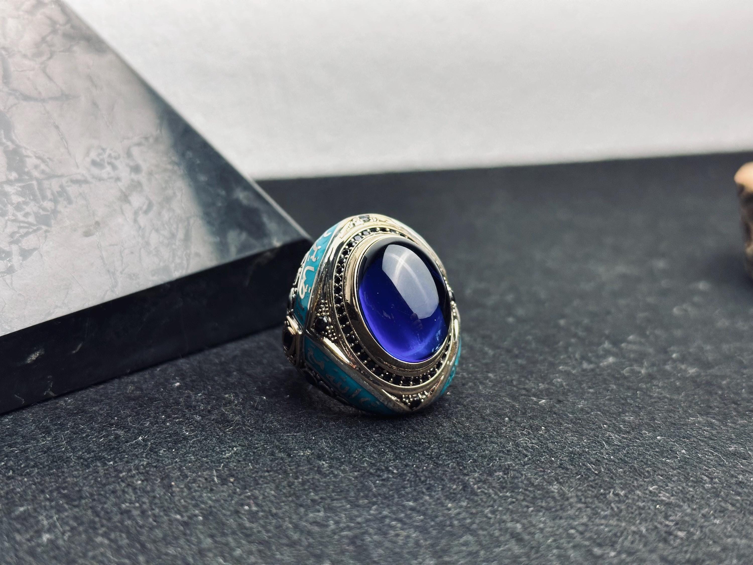 Islamic Silver Ring: Blue Zircon Oval Stone (Handmade Turkish Jewelry)