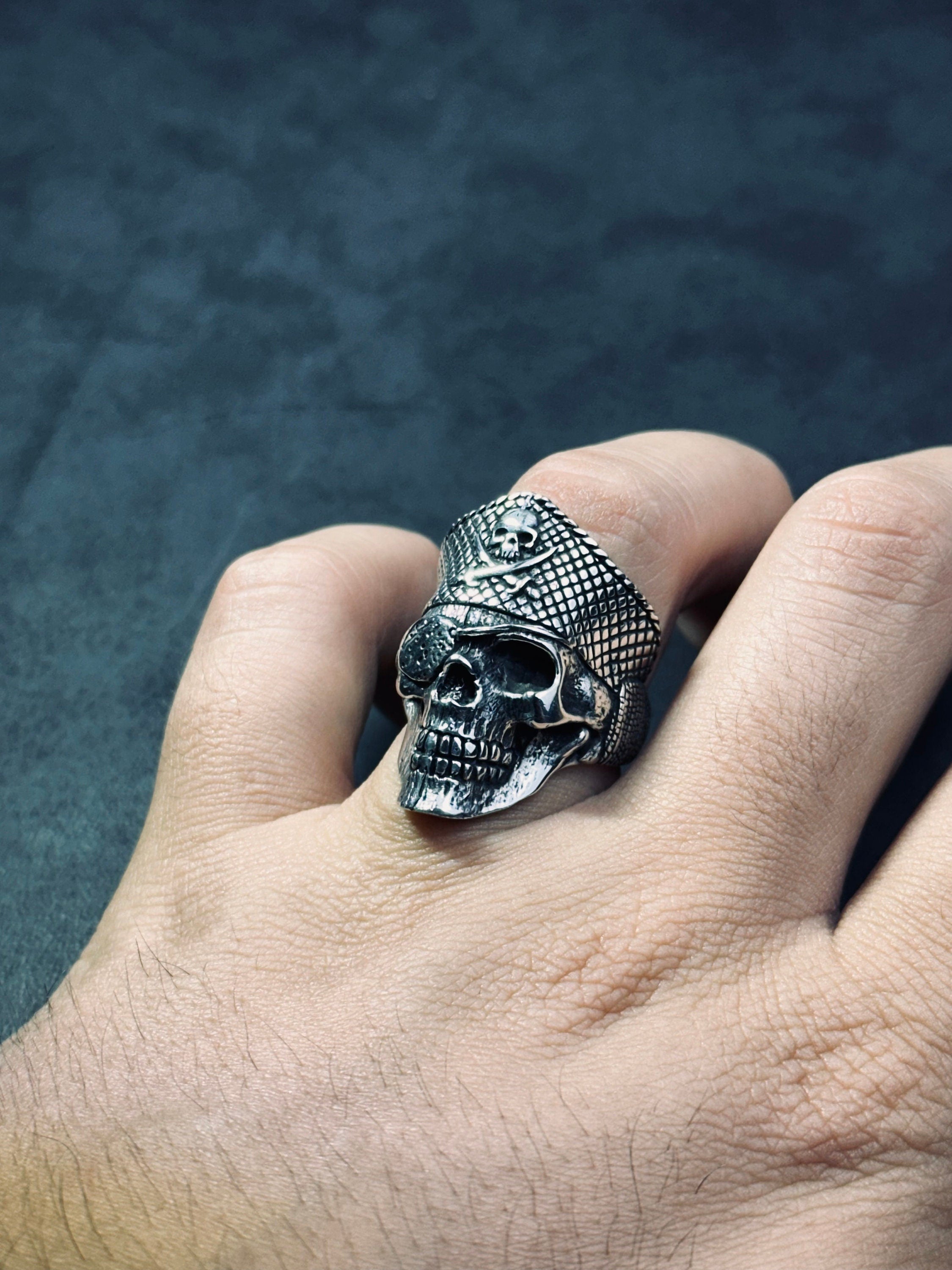 Sterling Silver Pirate Skull Ring: Gothic Biker Captain Design