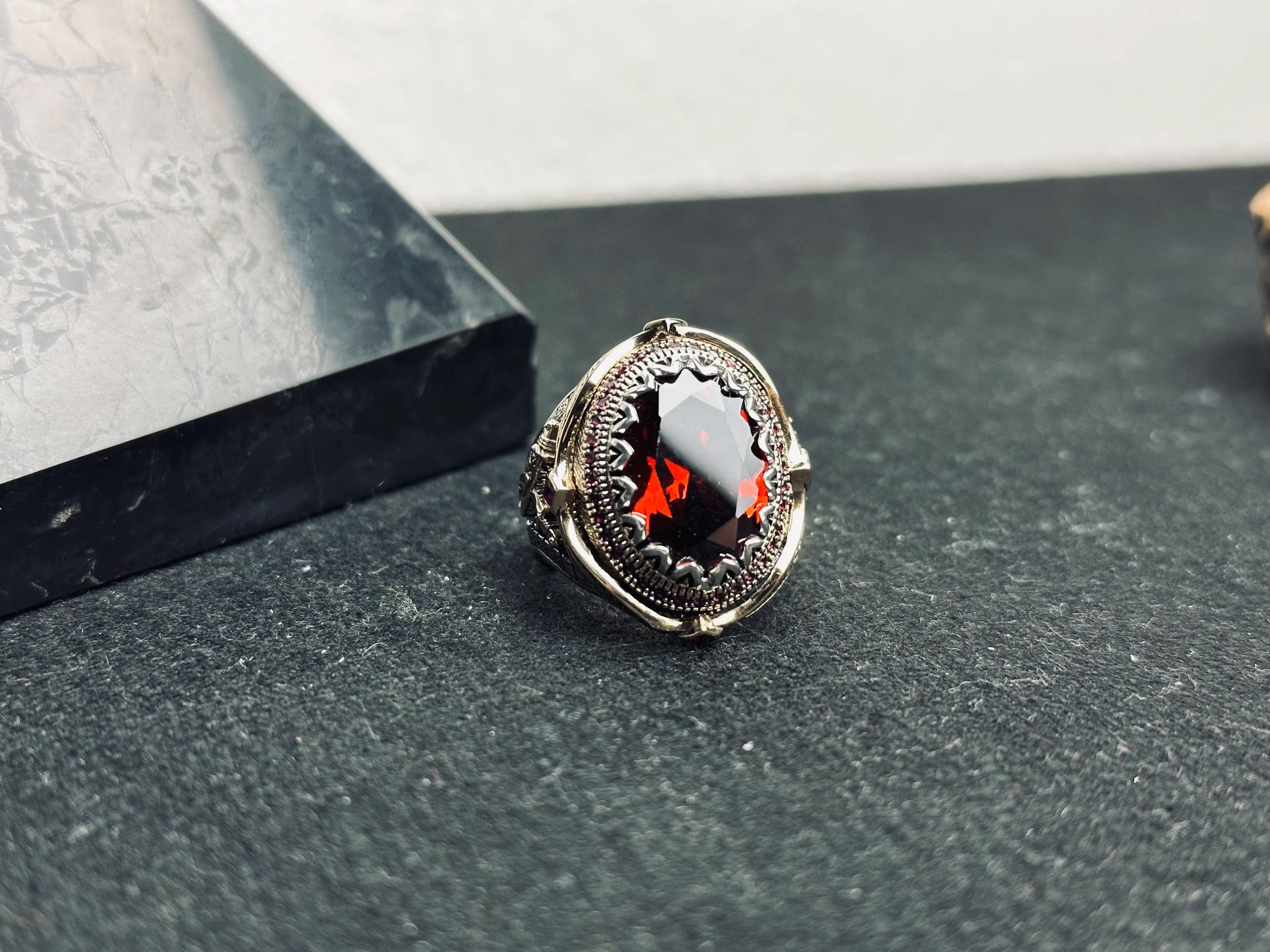 Ottoman Style Ruby Ring - Handmade Turkish Sterling Silver