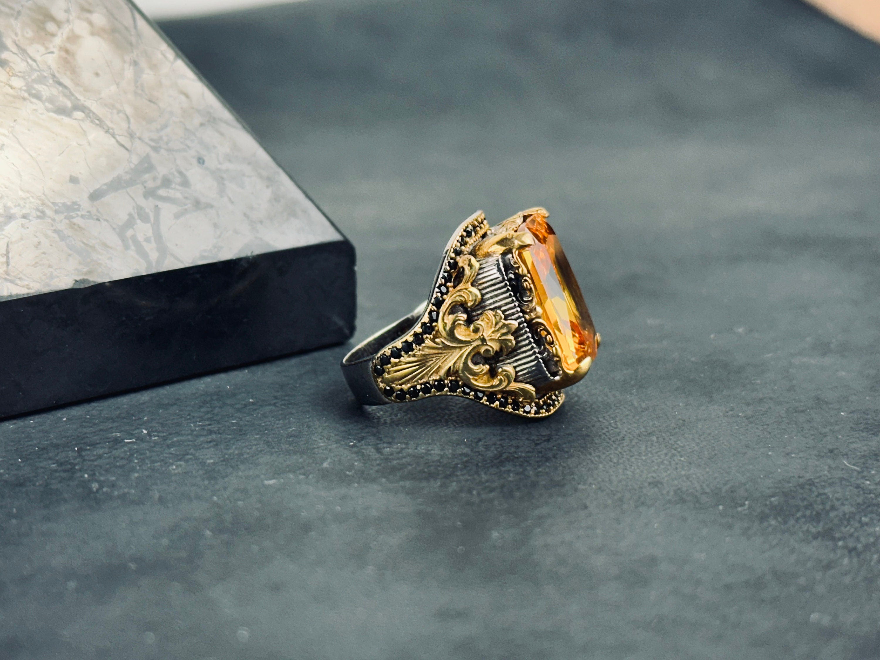 Statement Citrine Ring: Rectangular Cut in Silver (Handcrafted)