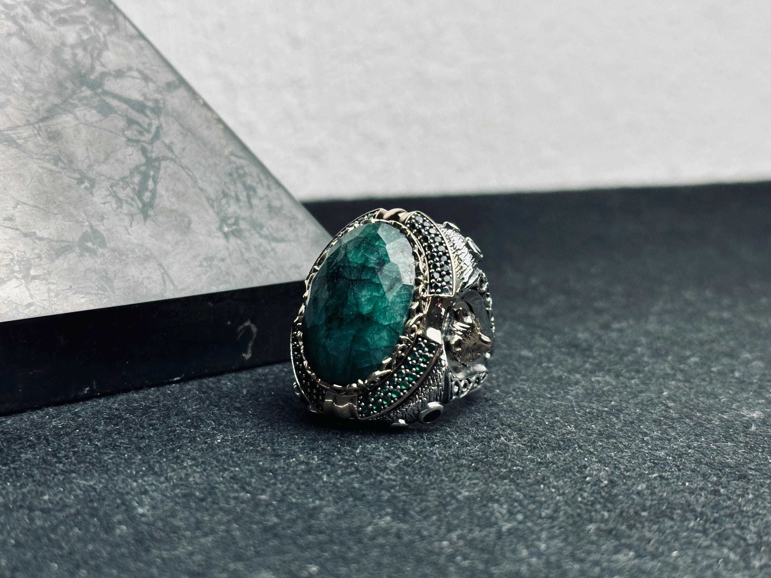 Emerald Lion Silver Ring - Large Handmade Sterling Statement