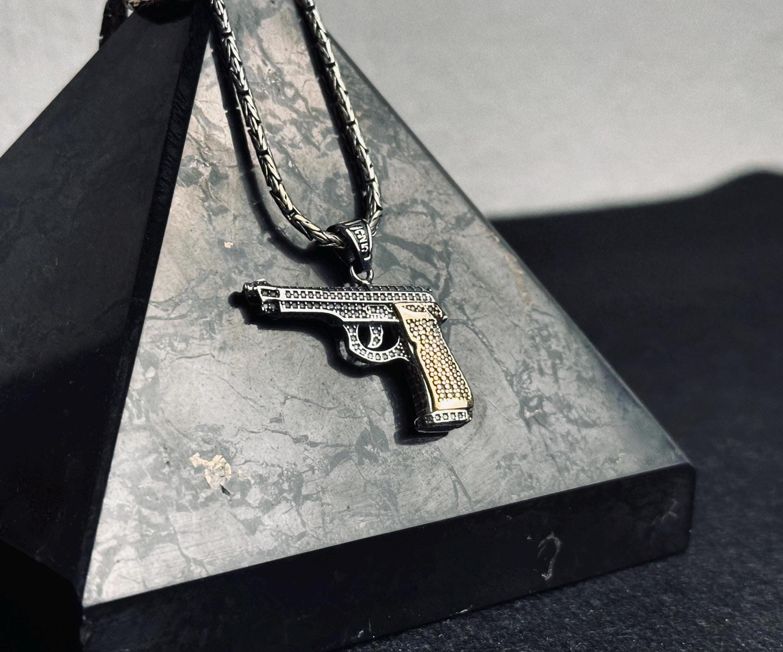 Gun Necklace: Men's Silver Pendant Jewelry (Chain Length Options)