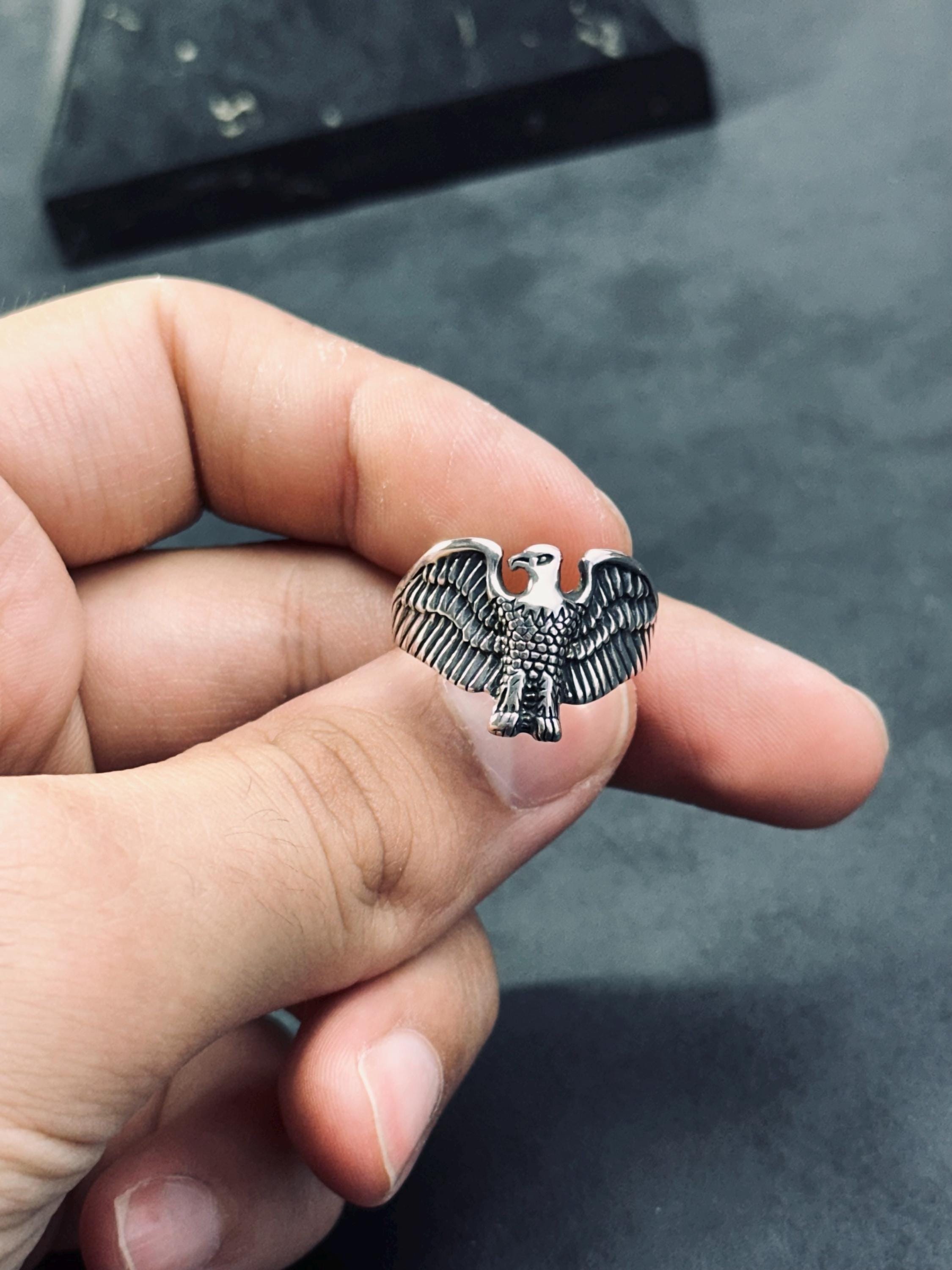 Sterling Silver Eagle Ring, Nordic Design, Layered Band (Men's)