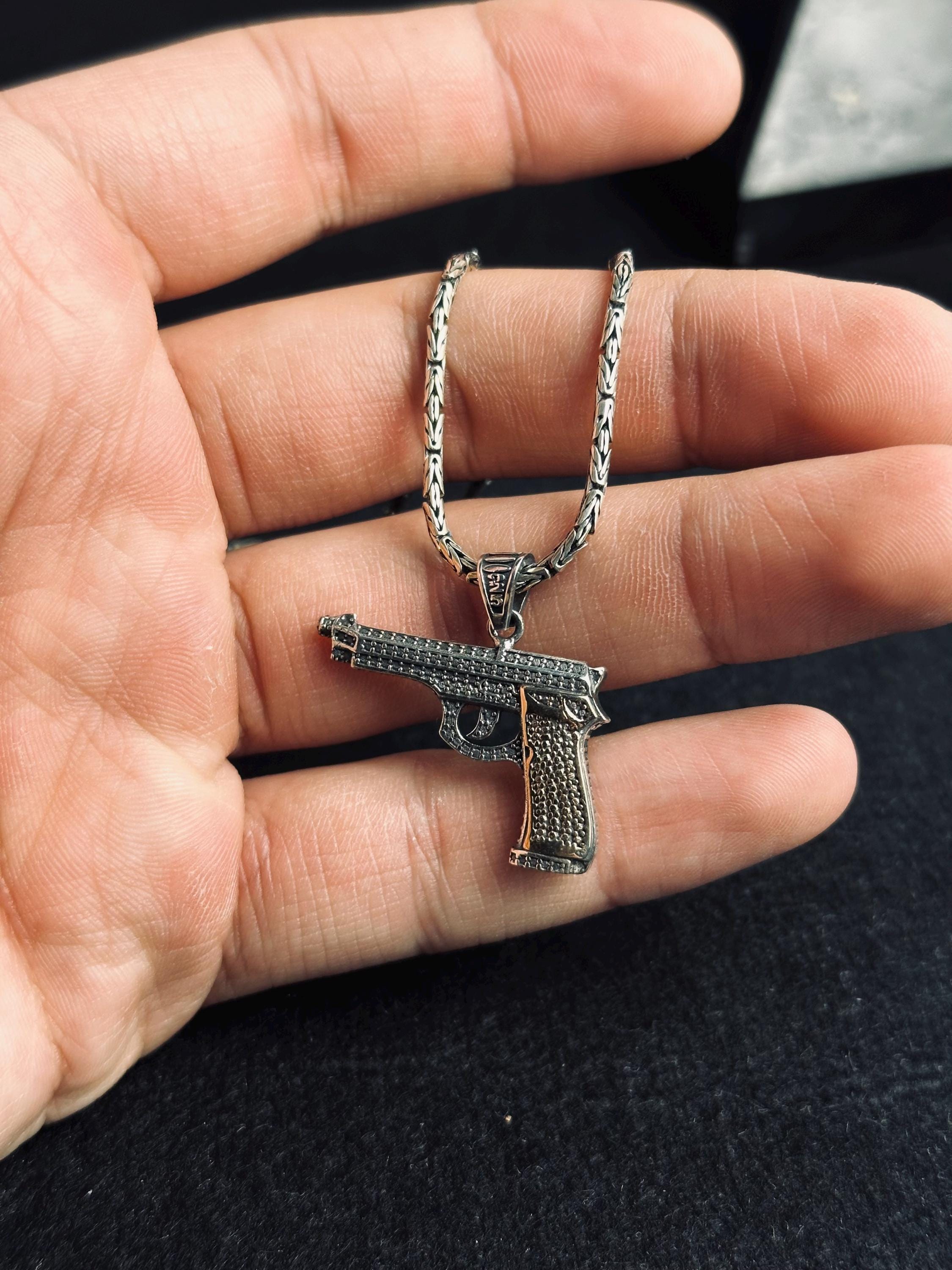 Gun Necklace: Men's Silver Pendant Jewelry (Chain Length Options)