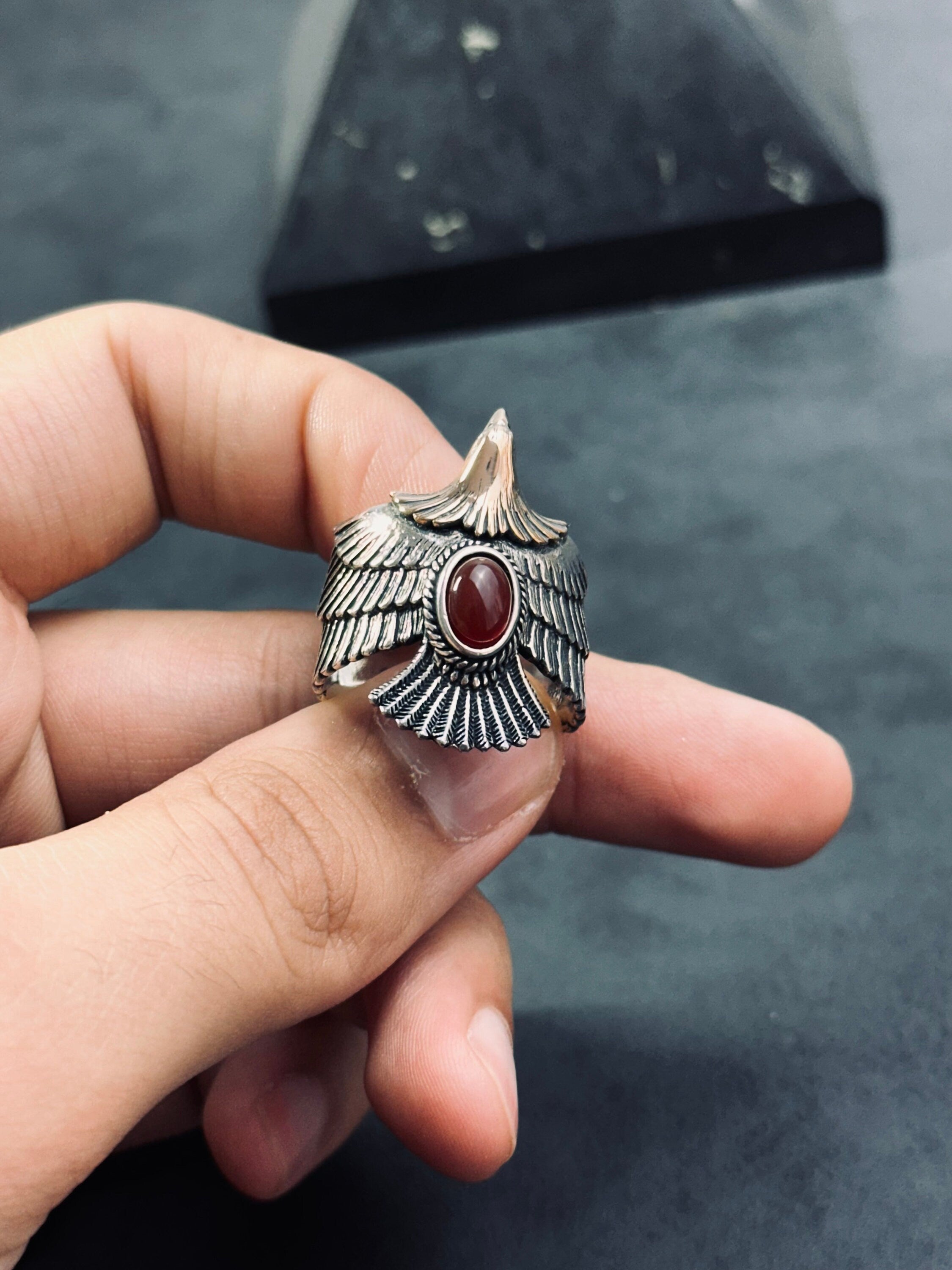 Oxidized Eagle Ring - Sterling Silver, Adjustable with Agate Gemstone