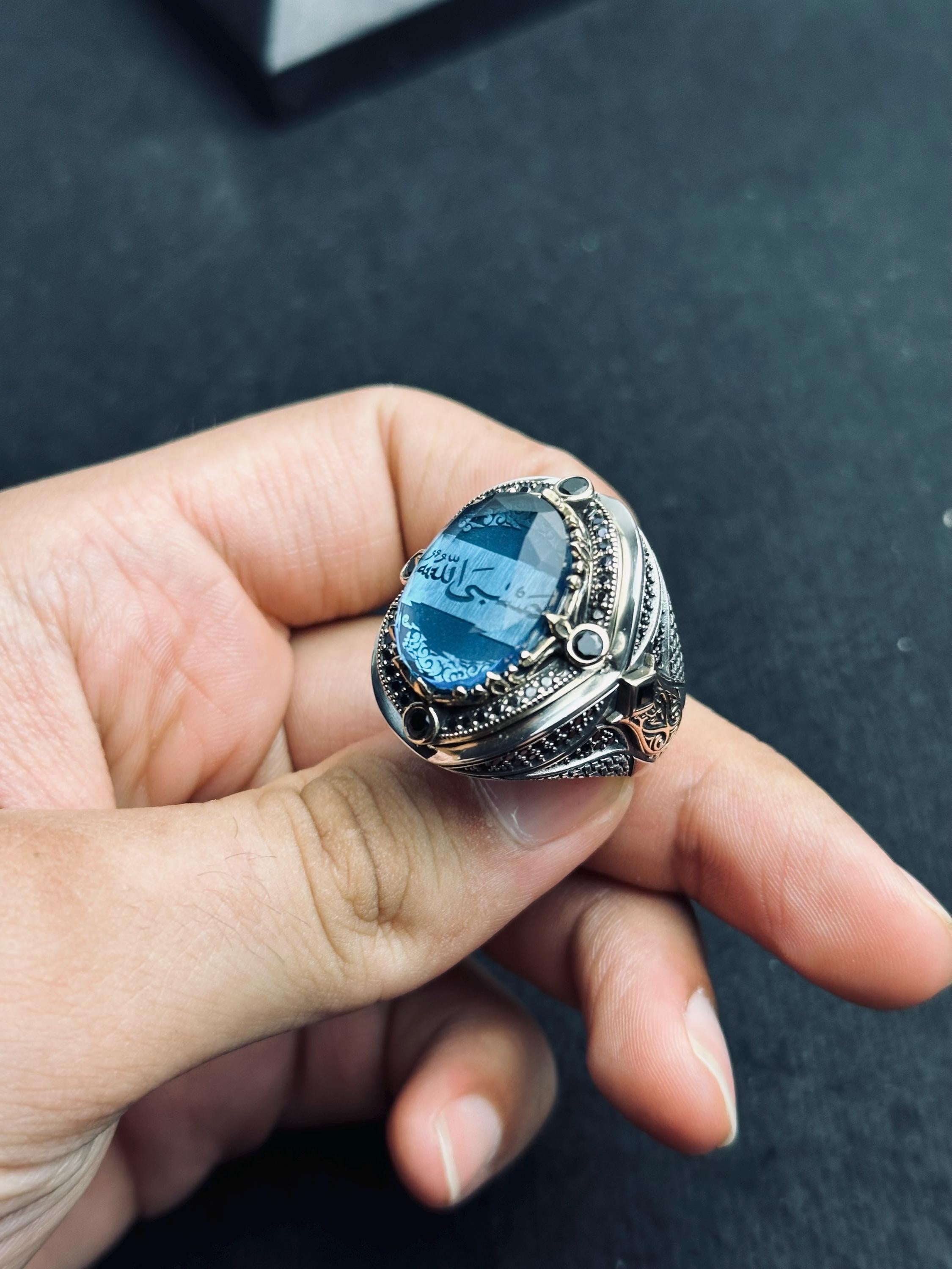 Men's Silver Ring: Aquamarine and Zircon - Arabic Prayer Inscription