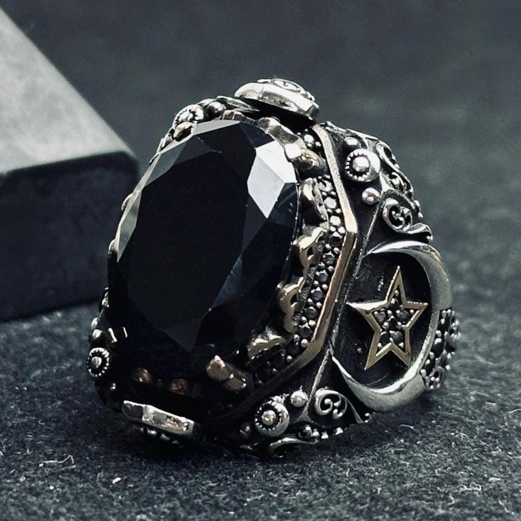 Men's Signet Ring: Black Zircon Stone - Sterling Silver
