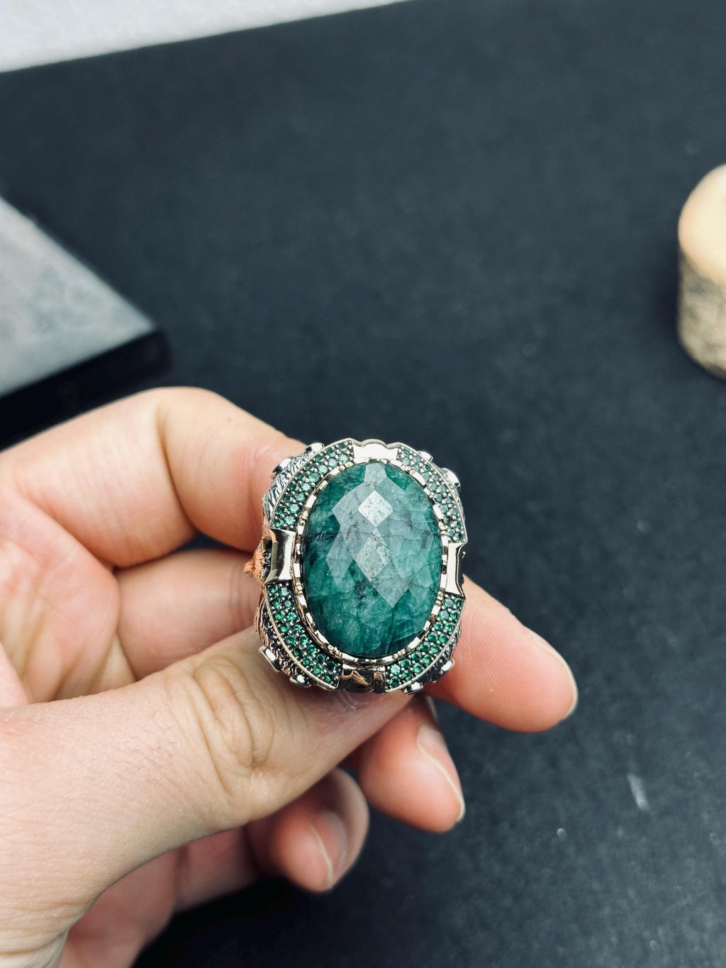 Emerald Lion Silver Ring - Large Handmade Sterling Statement