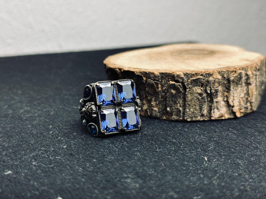 Men’s Statement Ring: Blue Zircon Stones - Handmade Sterling Silver