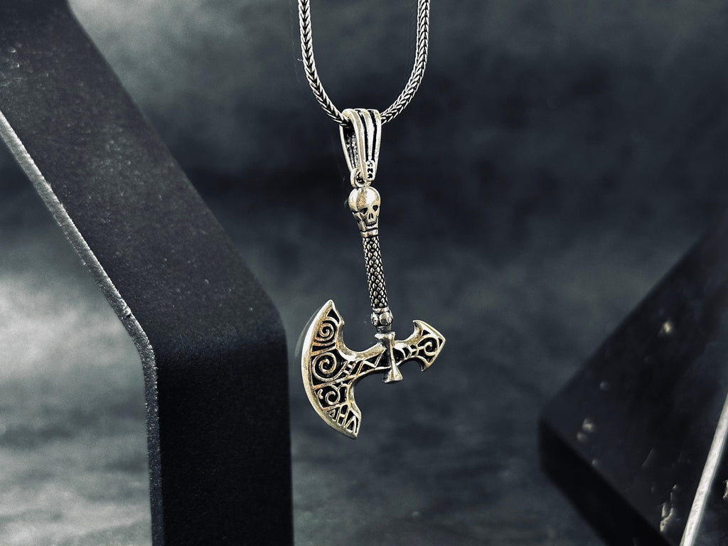 Silver Axe & Skull Necklace: Edgy Gothic Pendant