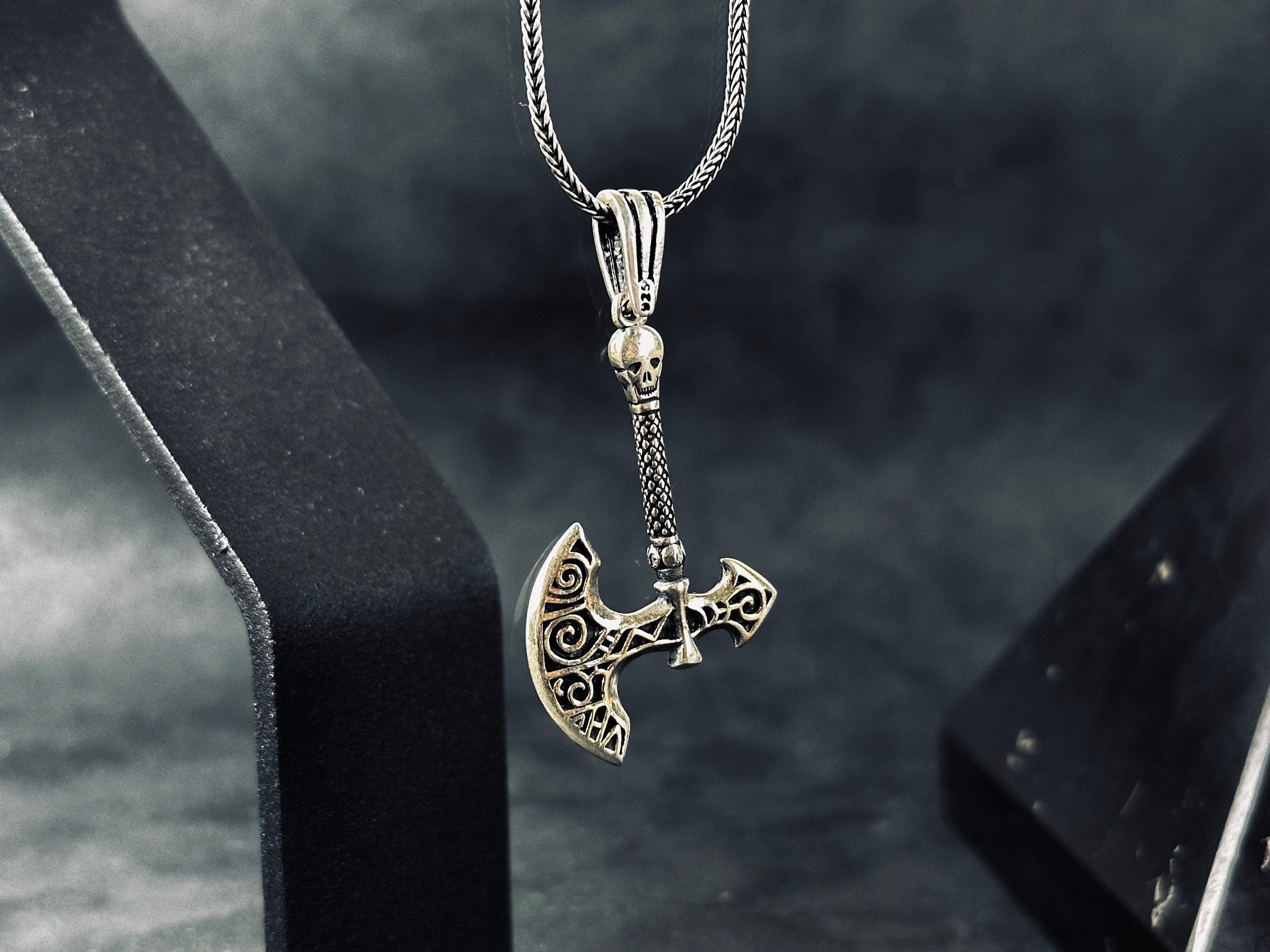Silver Axe & Skull Necklace: Edgy Gothic Pendant